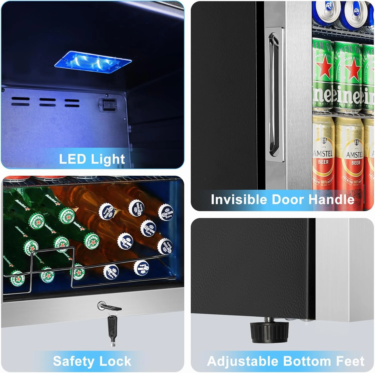 Beverage Refrigerator 126 Can, Mini Beverage Fridge Small Beverage Cooler Stainless Steel with Glass Door Safety Lock, Drink Fridge for Beer Soda Wine, Perfect for Dorm Office Hotel