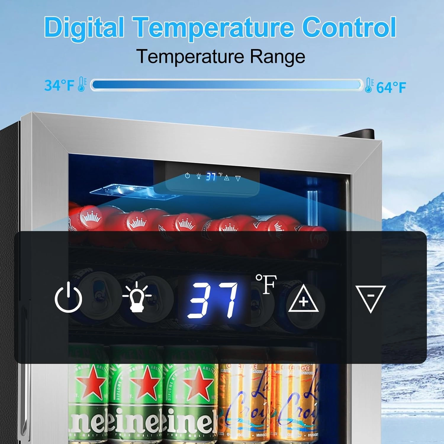 Beverage Refrigerator 126 Can, Mini Beverage Fridge Small Beverage Cooler Stainless Steel with Glass Door Safety Lock, Drink Fridge for Beer Soda Wine, Perfect for Dorm Office Hotel