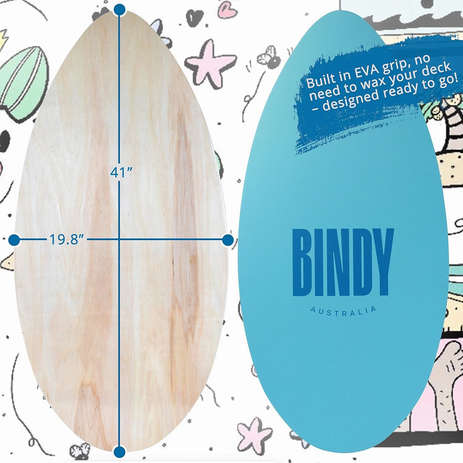 BINDY Australia Skimboard for Beach Kids with Storage Travel Bag - 41” Beginner to Intermediate Wooden Skim Board - Kids Beach Skim Boards for Beginners Durable, Lightweight Wood Body Board with EVA Grip Pad
