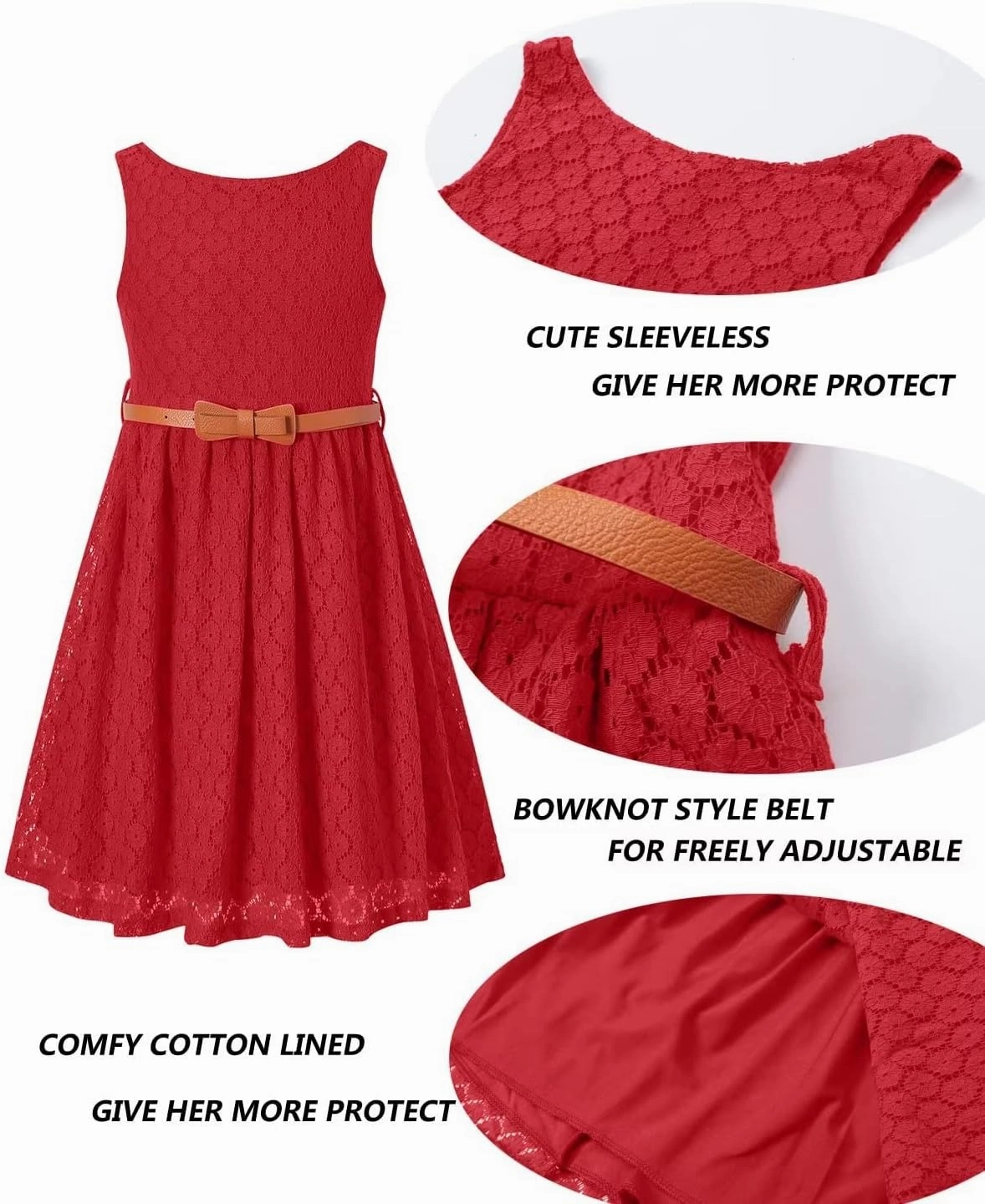 BINPAW Girls Sleeveless Flower Lace Dress for Wedding with Belt