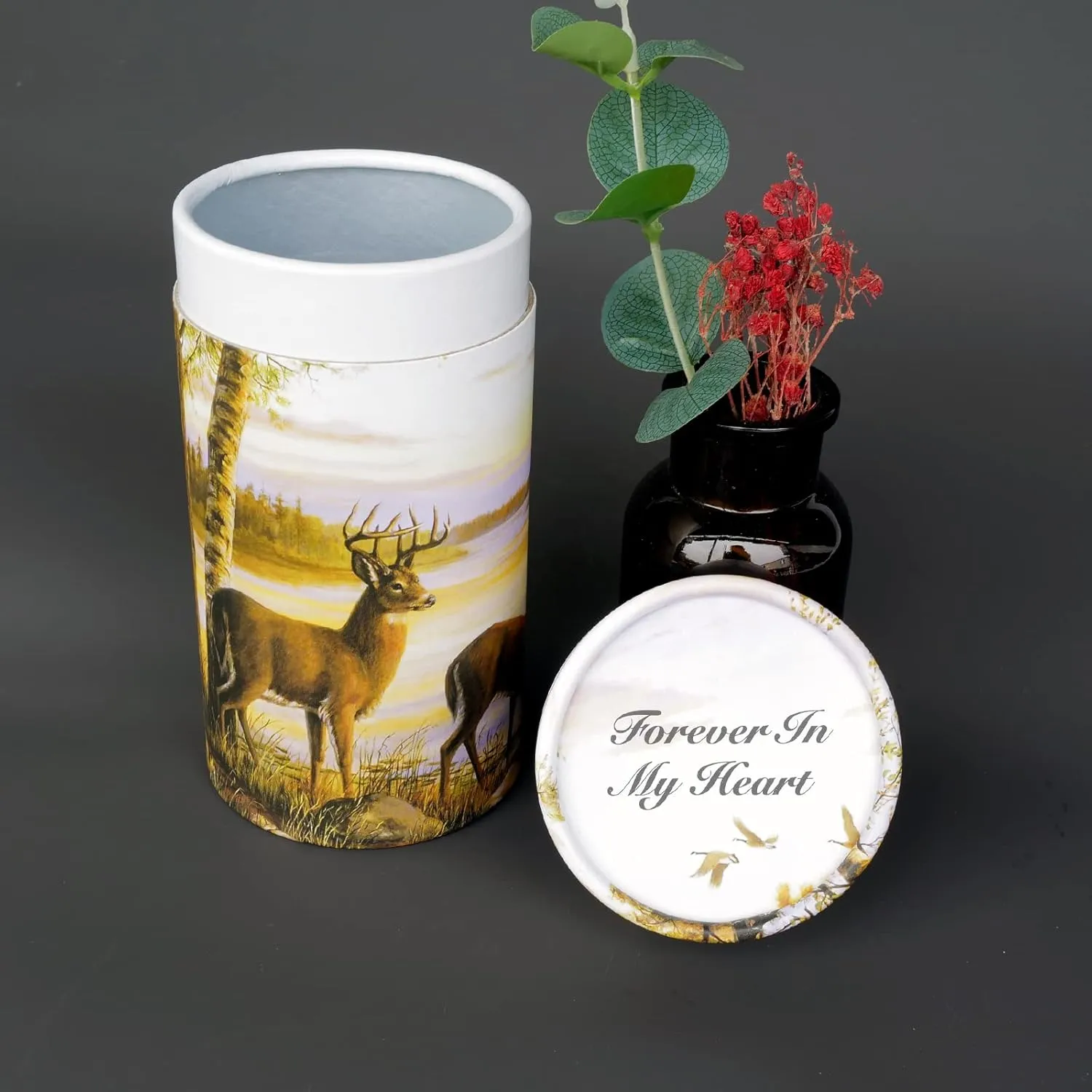 Biodegradable Scattering Tube Urn for Ashes, 40 lbs ECO Small Spreading Cremation Paper Urn for Human Male Female Adult Pet Dog Cat Ashes, Including Canvas Pouch(Forest Deer)
