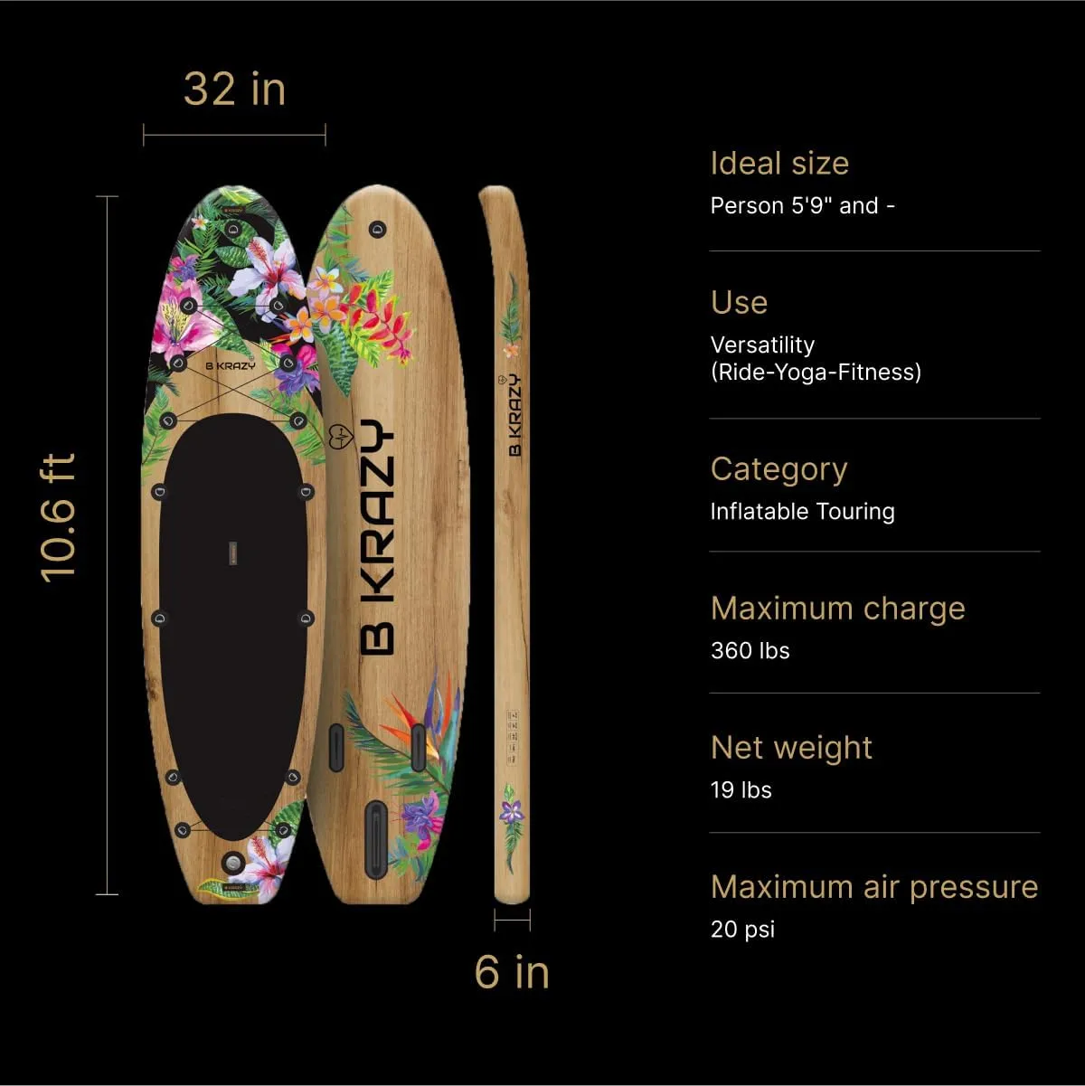 Bkrazy High-End Inflatable Stand Up Paddle Board - Complete Package with Accessories & Bag - Perfect for Lakes, River and Ocean - 10.6 ft Adult Board