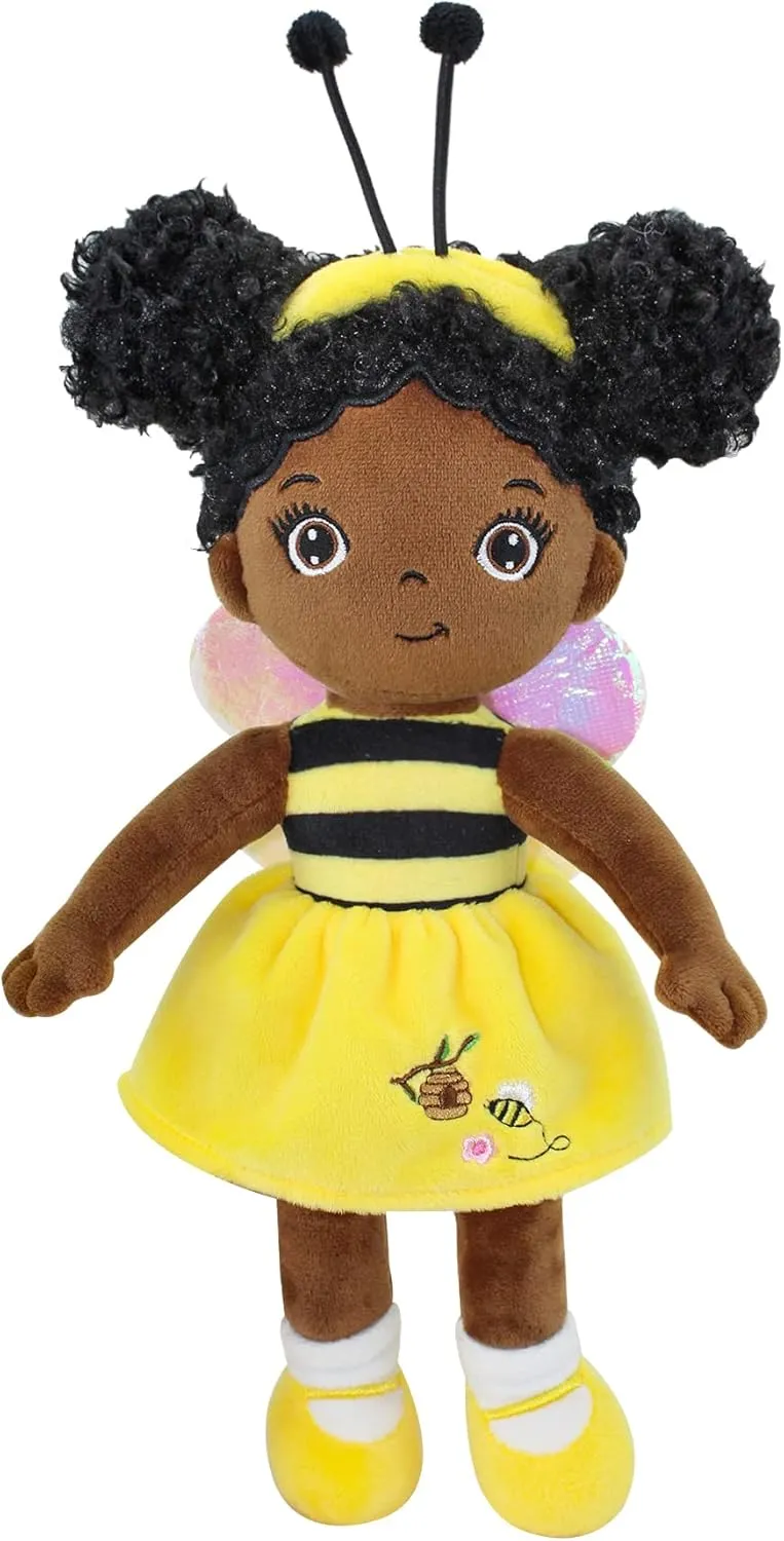 Black Baby Doll, Black Dolls African American Stuffed Toy, 12” Rag Dolls for Girls Soft Gifts, Toys for 2 3 Year Old Girl, Brown Doll Fairy Baby Toy for 2 3 Year Old Girls (SMALL-BLACK BEE)