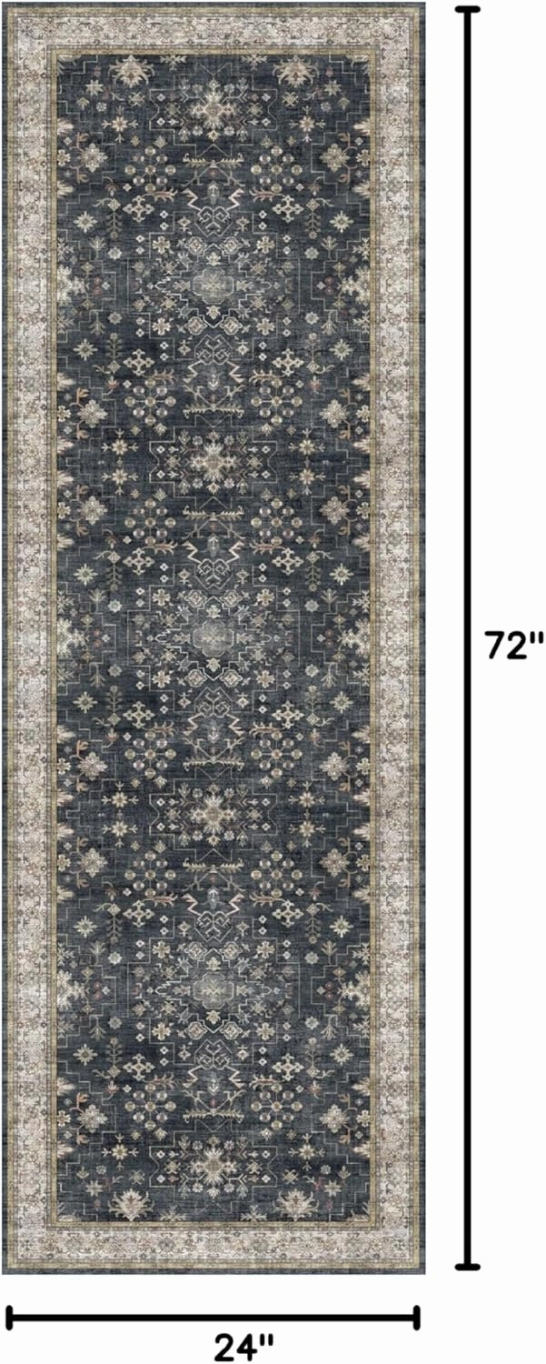 Black Boho Washable 2x6 Runner Rugs for Hallway Kitchen Bedroom Beside Laundry Room Bathroom Rug, Pet & Kids Friendly, Non Slip Low Pile Stain Resistant Soft Faux Wool Long 24 x 72 Floor Carpet