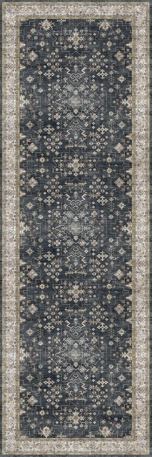 Black Boho Washable 2x6 Runner Rugs for Hallway Kitchen Bedroom Beside Laundry Room Bathroom Rug, Pet & Kids Friendly, Non Slip Low Pile Stain Resistant Soft Faux Wool Long 24 x 72 Floor Carpet