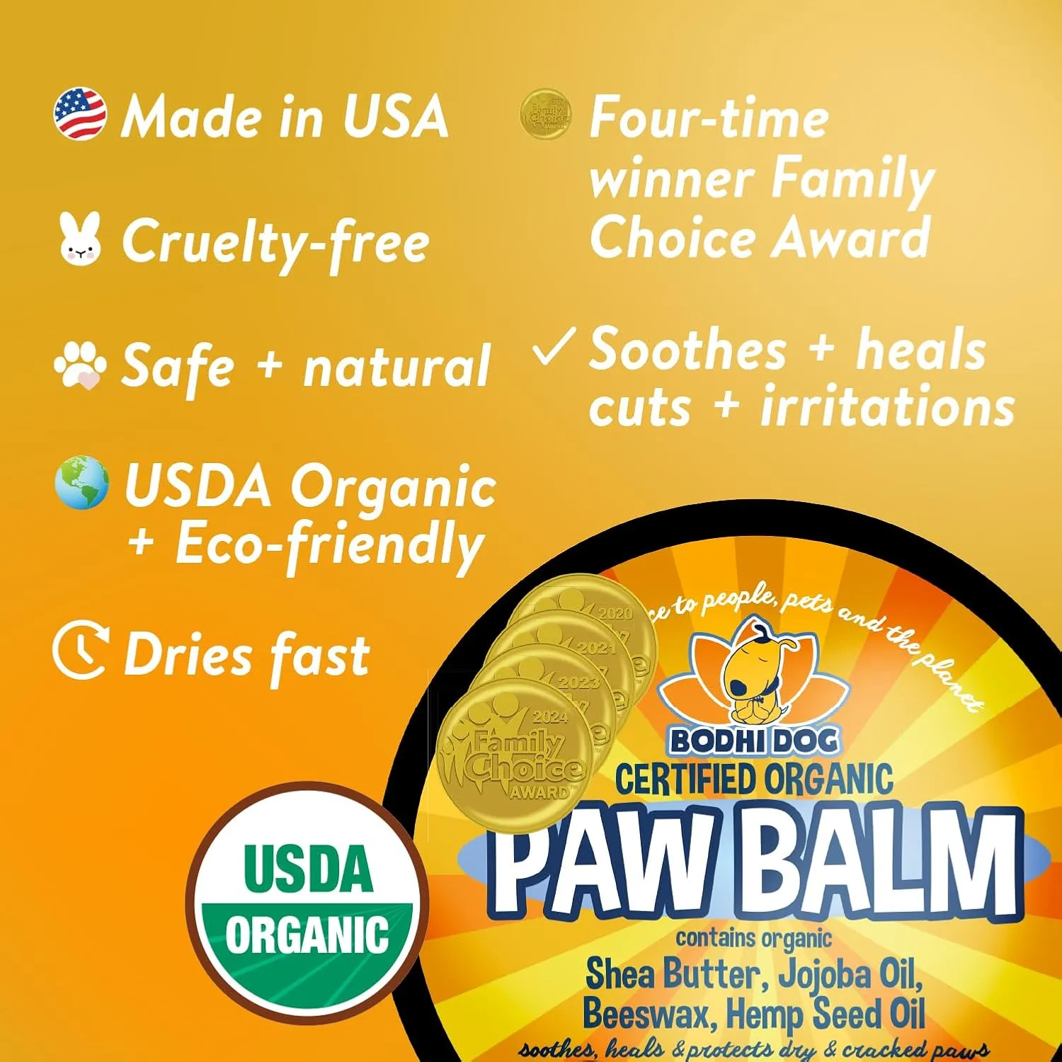 Bodhi Dog Paw Balm- USDA Certified Organic, Natural Healing & Soothing for Dry, Cracking, Rough Pet Paws- Protects, Restores, & Relieves Chapped Paws- Better Than Paw Wax (2oz)