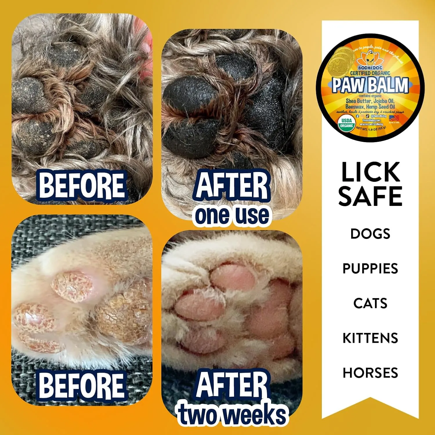 Bodhi Dog Paw Balm- USDA Certified Organic, Natural Healing & Soothing for Dry, Cracking, Rough Pet Paws- Protects, Restores, & Relieves Chapped Paws- Better Than Paw Wax (2oz)