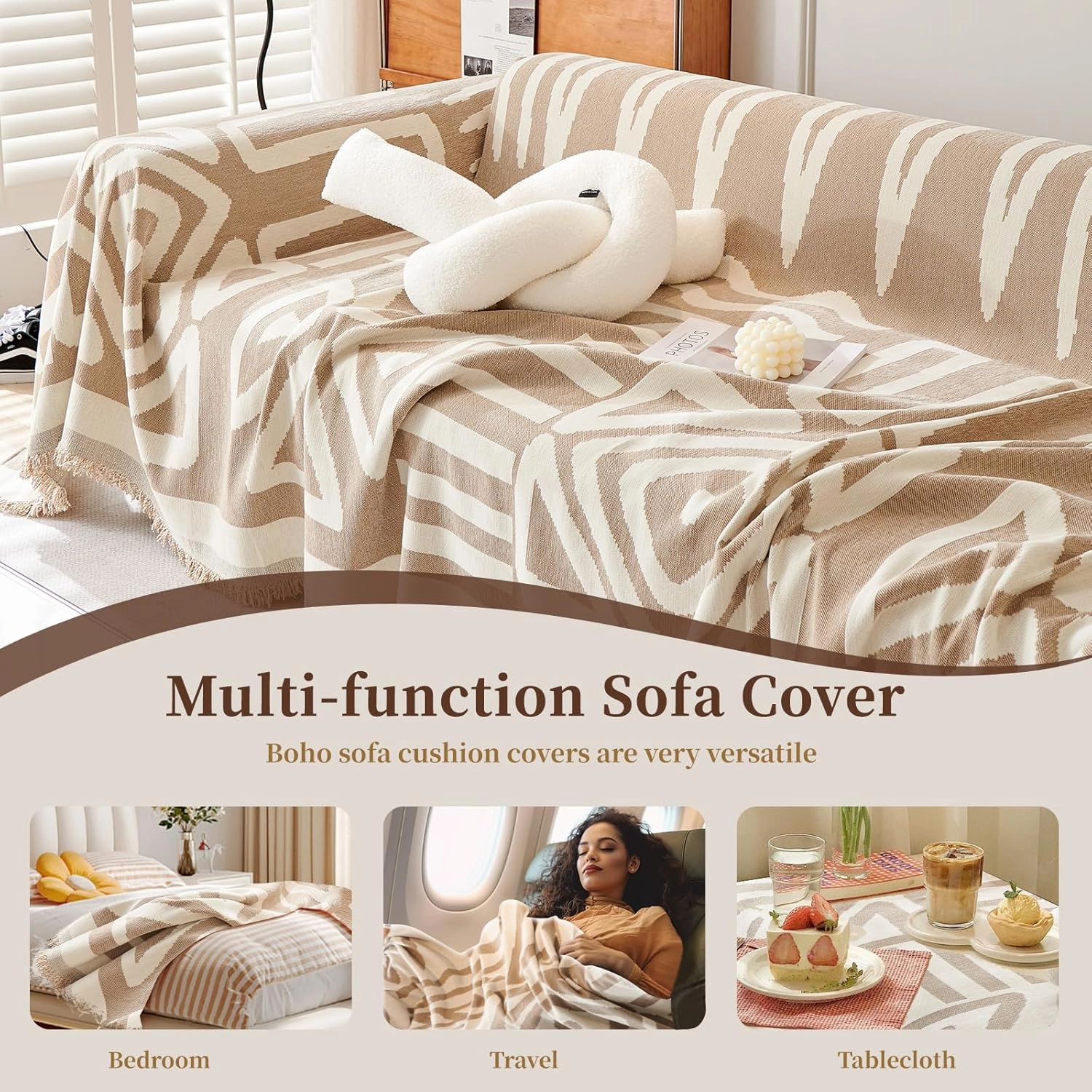 Boho Couch Cover, Sofa Covers Washable, Soft Couch Covers for 3 Cushion Couch Sofa Pet Friendly, Thick Chenille Futon Cover, Loveseat Covers, Sofa Slipcovers (Khaki, 71"×118")