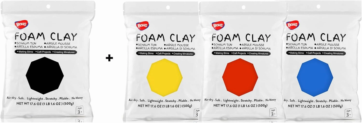 BOHS Black Modeling Foam Clay Primary Foam Clay (Red,Blue,Yellow), Squishy,Soft, Air Dry -for School Project,Cosplay,Fake Bake, Slime Supplies