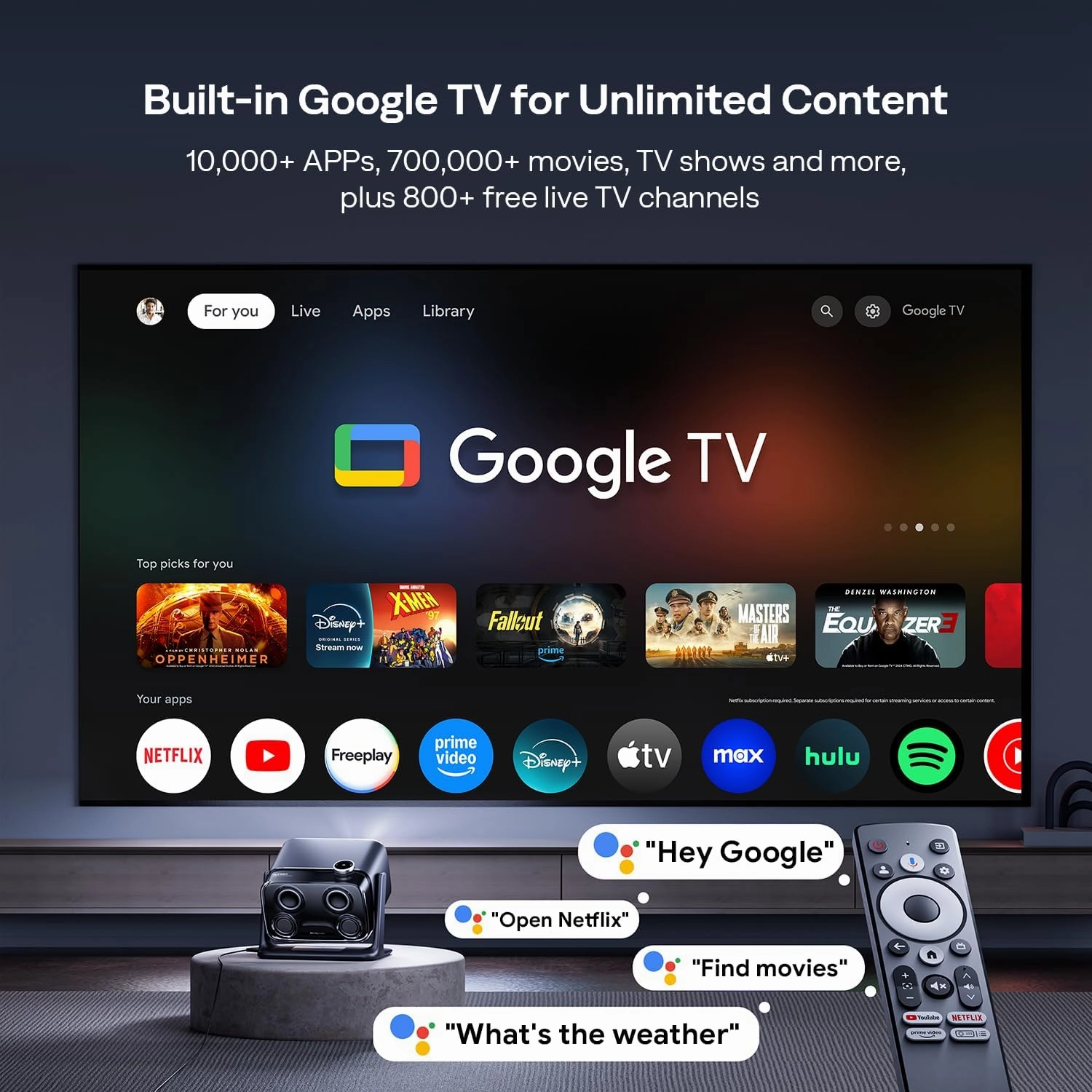 BOOM mini 4-in-1 Smart Projector Built-in Google TV, 10,000  Apps, Real-Time Focus & Keystone, 20W Speakers DoIby Audio, 500 ANSI Lumens Outdoor Movie Projector with WiFi and Bluetooth, Black