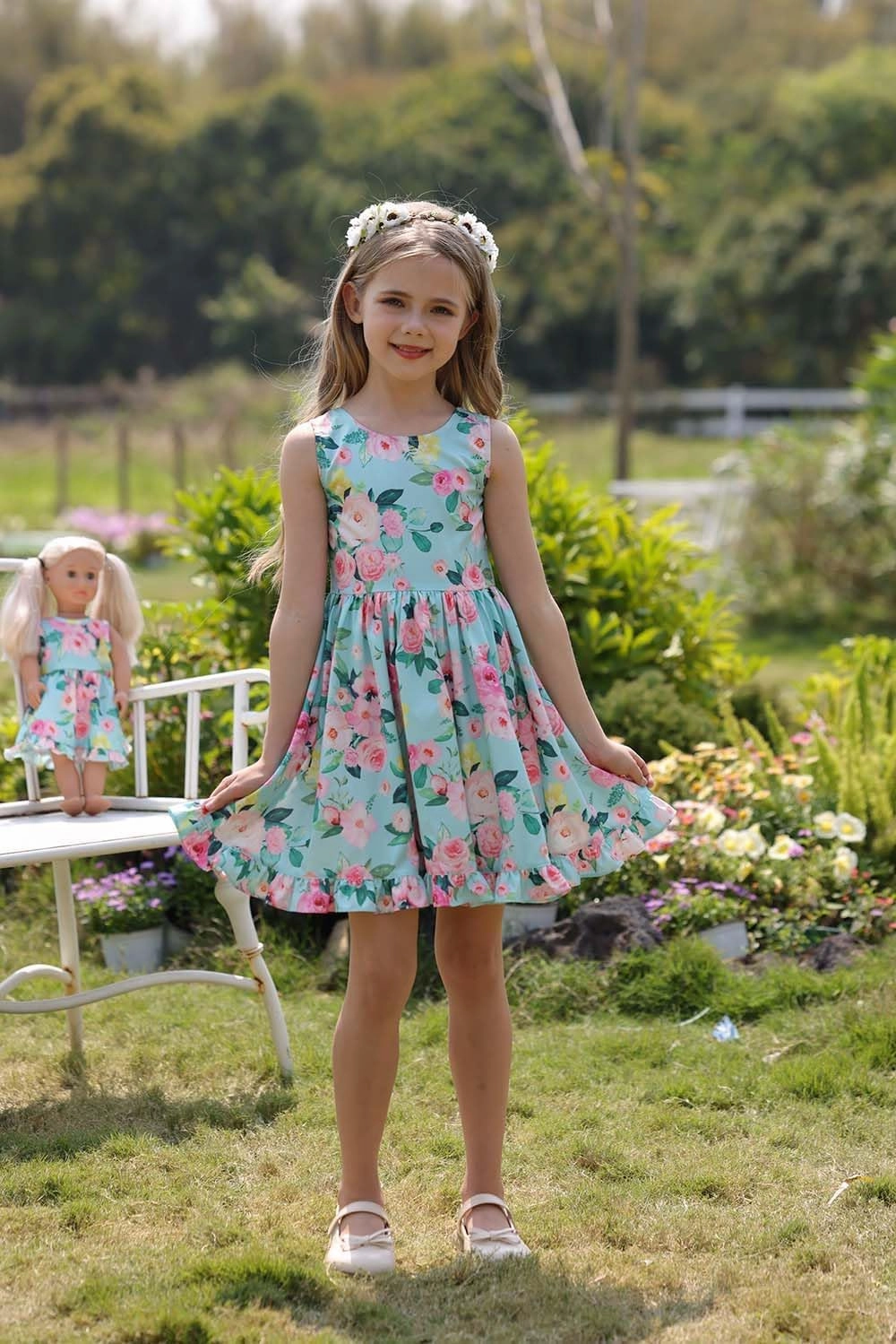 Bow Dream Girl Dresses with Matching American Girl Doll Clothes Vintage Flowers Butterfly 3-12 Years