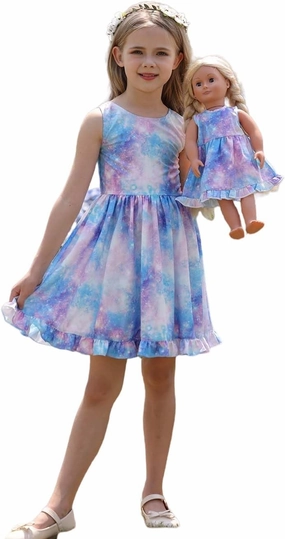 Bow Dream Girl Dresses with Matching American Girl Doll Clothes Vintage Flowers Butterfly 3-12 Years