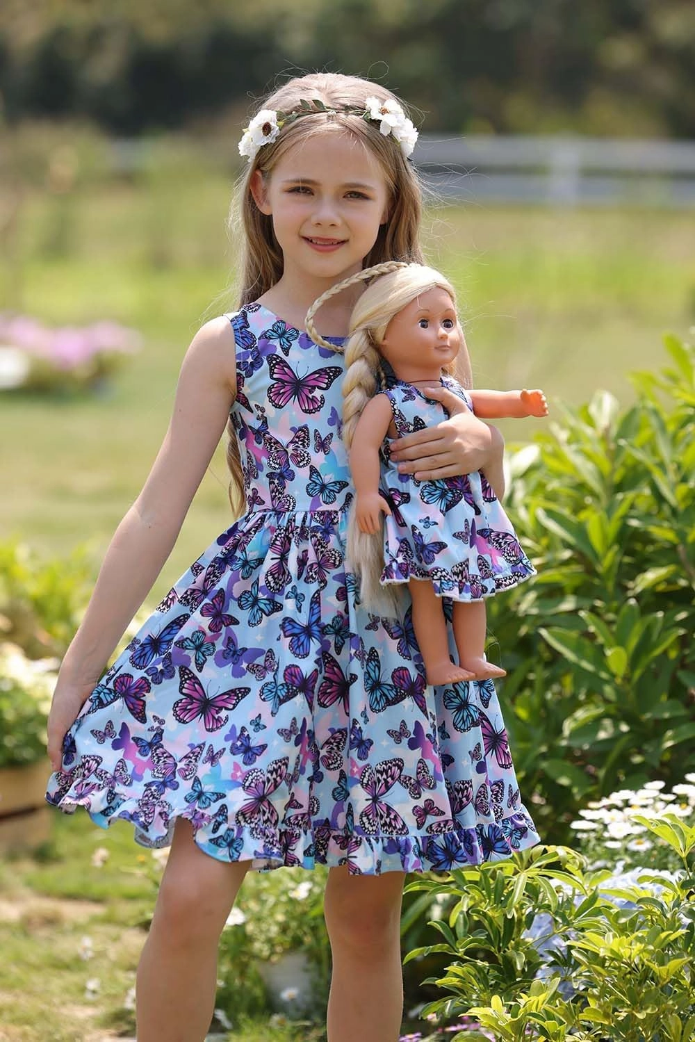 Bow Dream Girl Dresses with Matching American Girl Doll Clothes Vintage Flowers Butterfly 3-12 Years