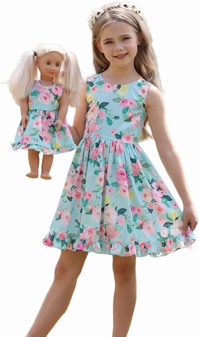 Bow Dream Girl Dresses with Matching American Girl Doll Clothes Vintage Flowers Butterfly 3-12 Years