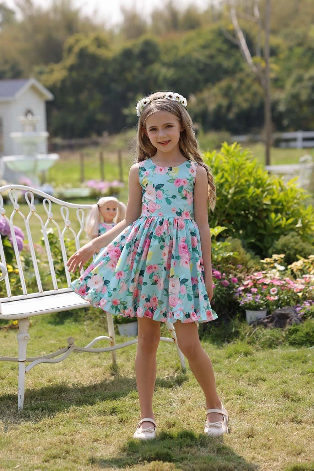 Bow Dream Girl Dresses with Matching American Girl Doll Clothes Vintage Flowers Butterfly 3-12 Years