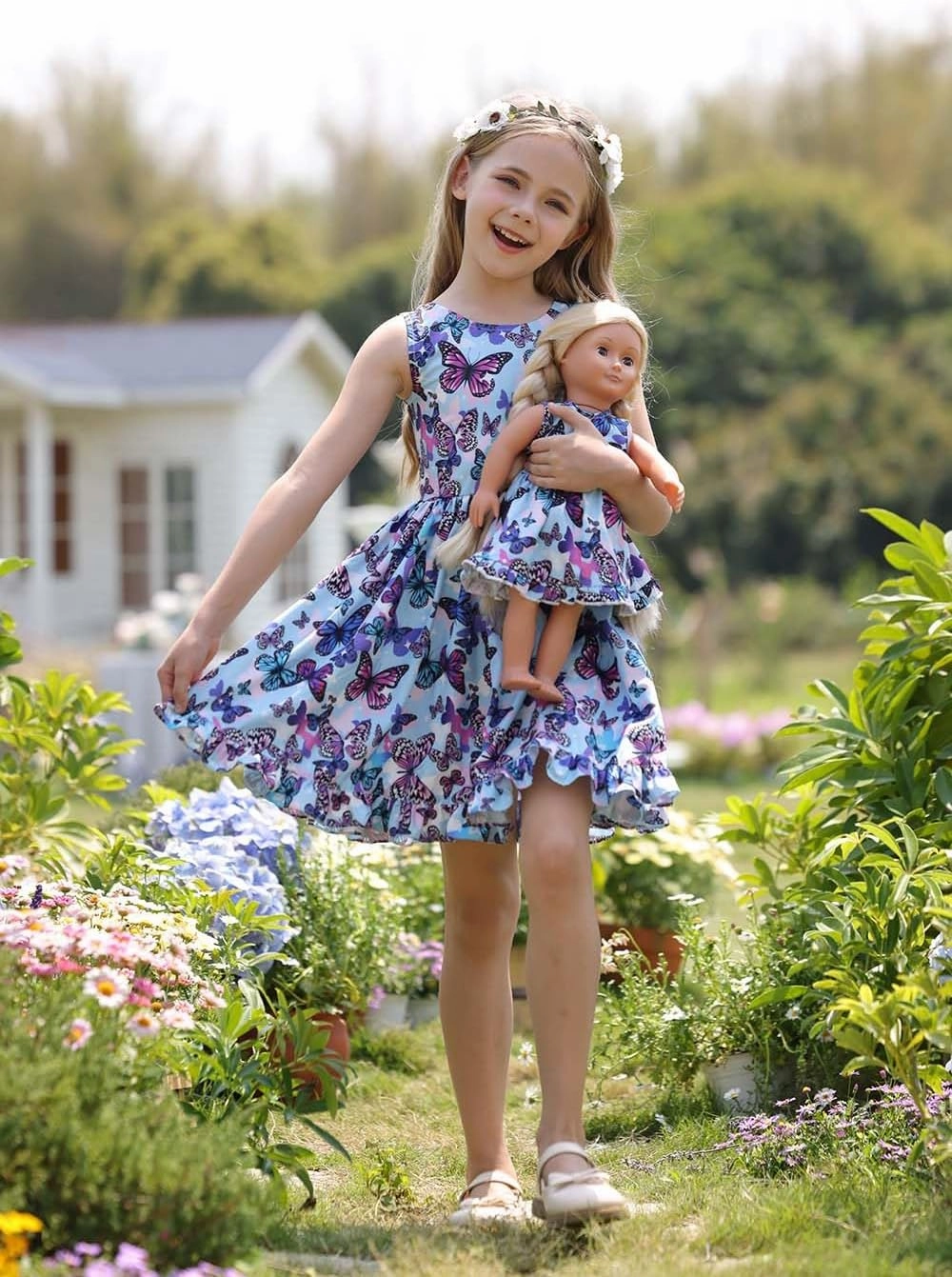 Bow Dream Girl Dresses with Matching American Girl Doll Clothes Vintage Flowers Butterfly 3-12 Years
