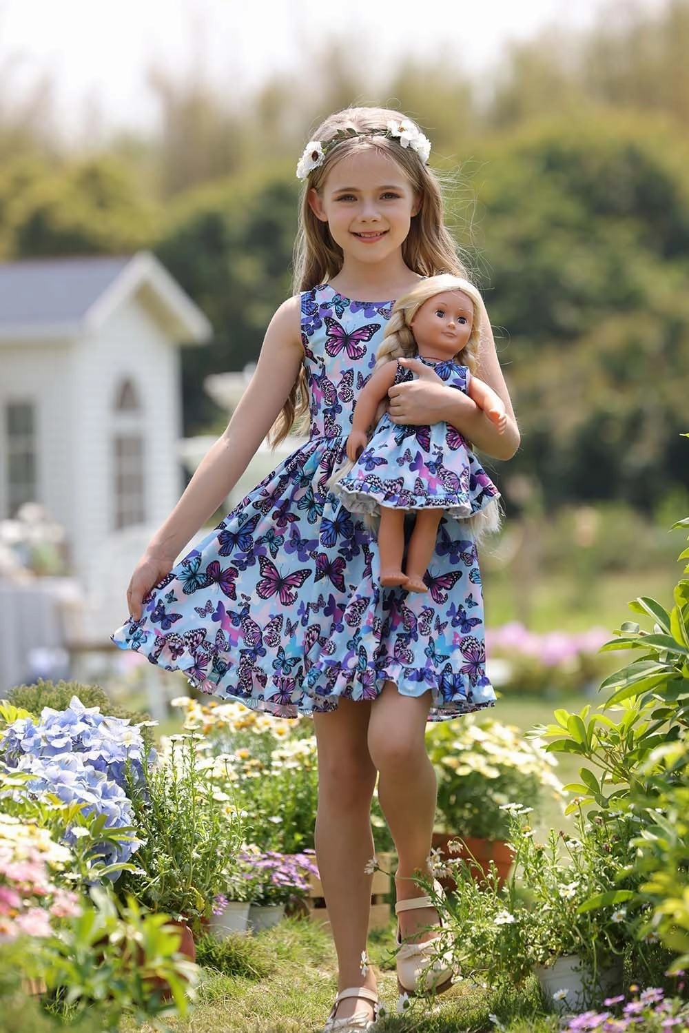 Bow Dream Girl Dresses with Matching American Girl Doll Clothes Vintage Flowers Butterfly 3-12 Years