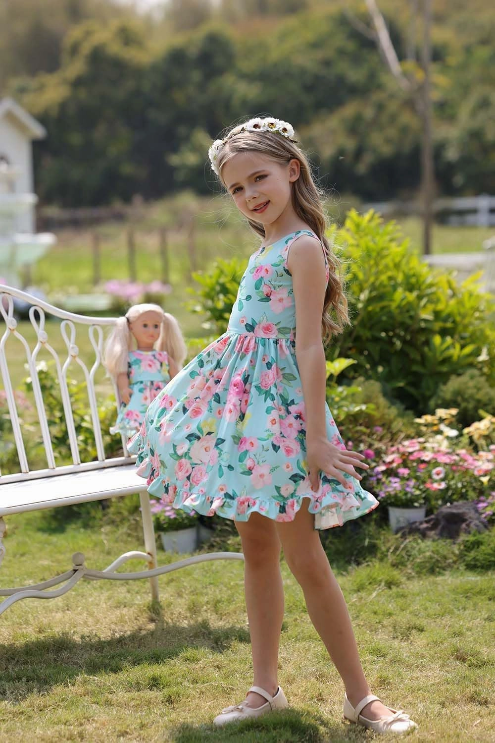 Bow Dream Girl Dresses with Matching American Girl Doll Clothes Vintage Flowers Butterfly 3-12 Years