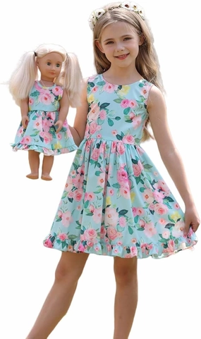 Bow Dream Girl Dresses with Matching American Girl Doll Clothes Vintage Flowers Butterfly 3-12 Years