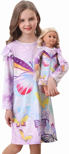 Bow Dream Toddler Girls Dress and Matching American Girl Doll Clothes for Girls Lavender Party Birthday Long Sleeve Dress
