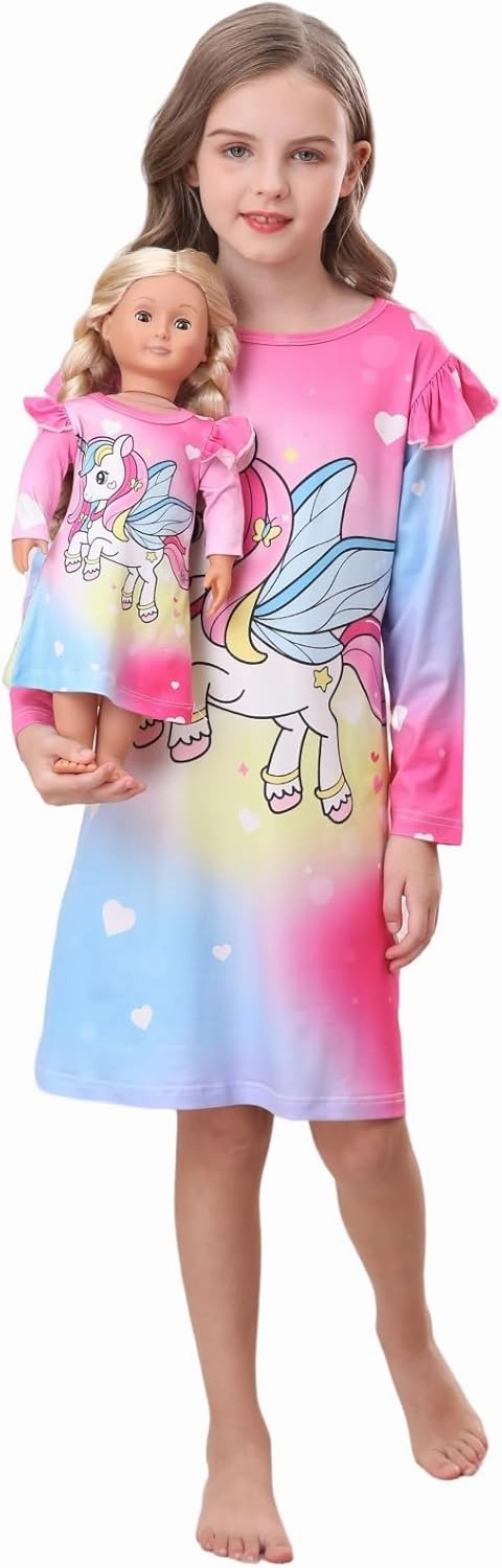 Bow Dream Toddler Girls Dress and Matching American Girl Doll Clothes for Girls Party Birthday Cartoon Pattern Dress