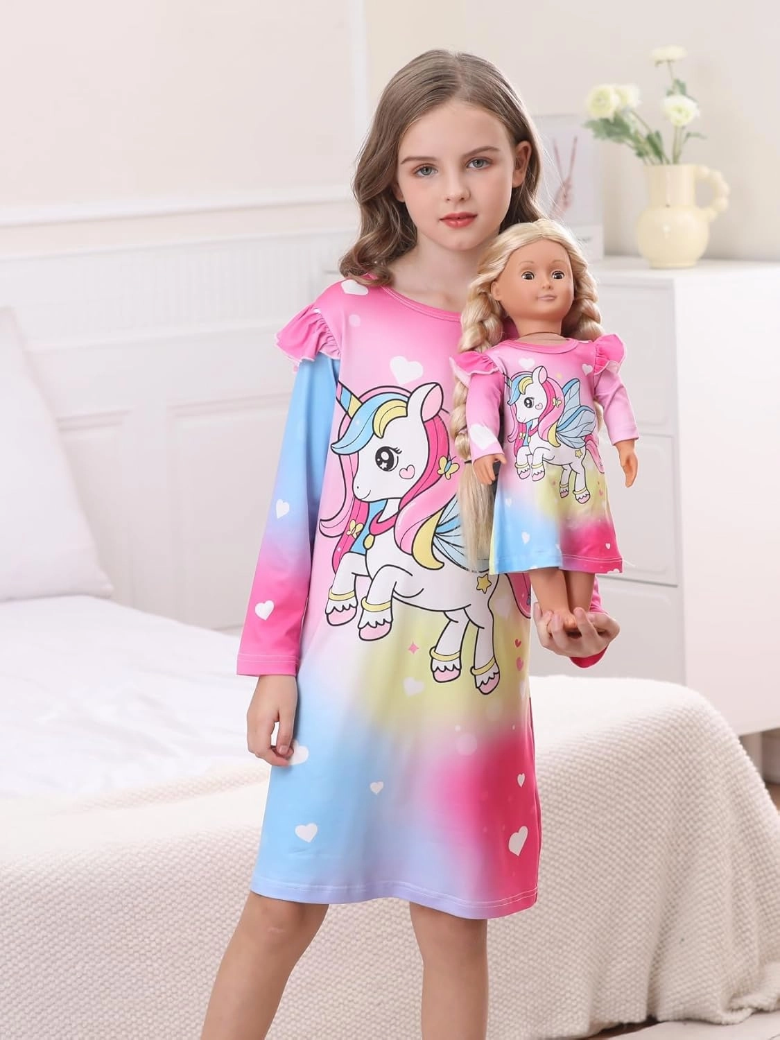 Bow Dream Toddler Girls Dress and Matching American Girl Doll Clothes for Girls Party Birthday Cartoon Pattern Dress