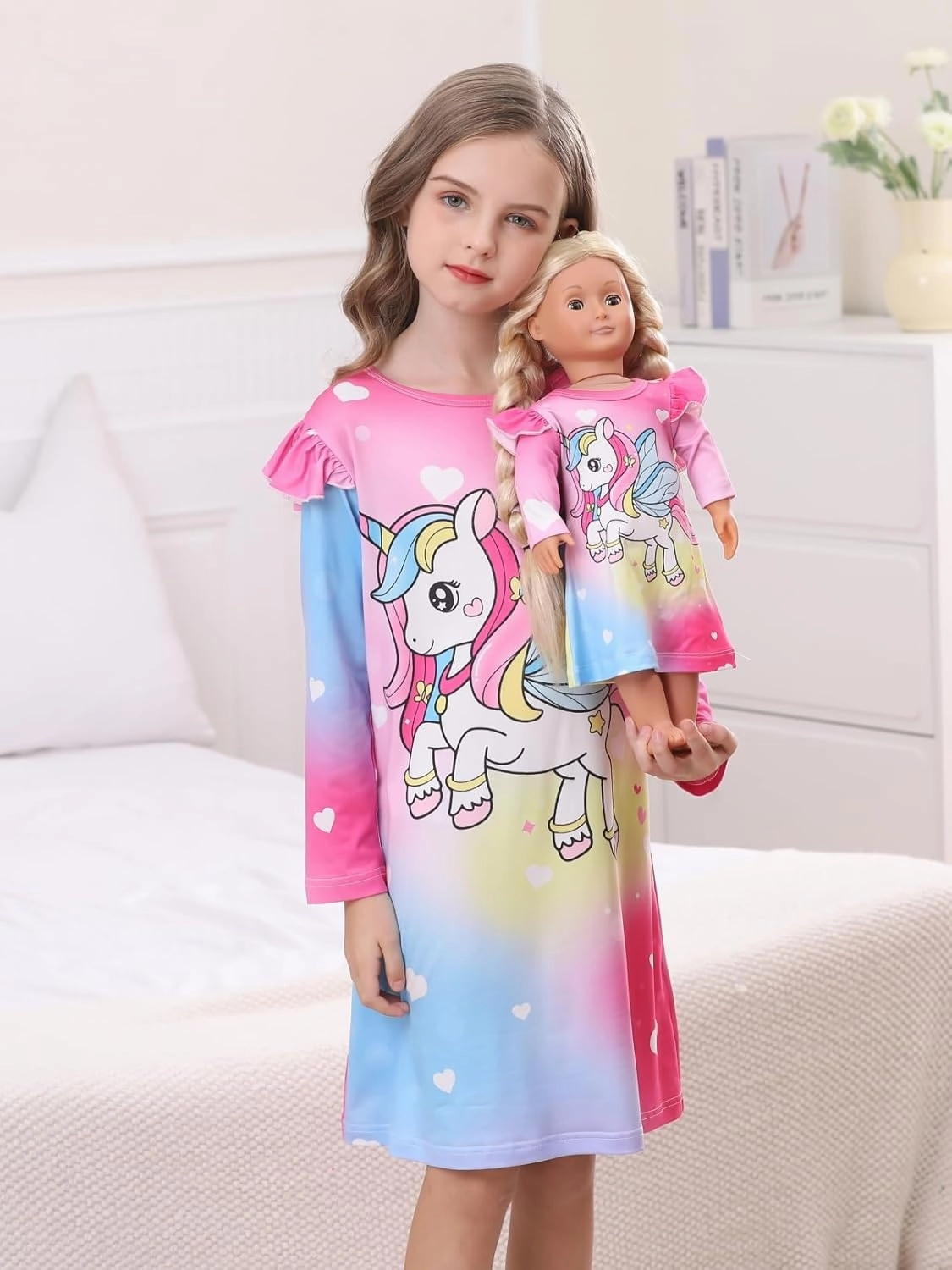 Bow Dream Toddler Girls Dress and Matching American Girl Doll Clothes for Girls Party Birthday Cartoon Pattern Dress