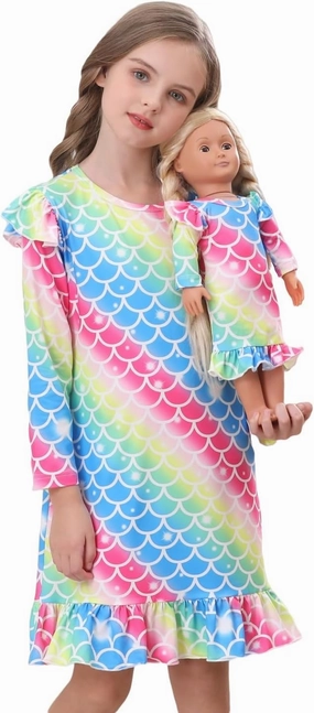 Bow Dream Toddler Girls Rainbow Strips Dress and Matching American Girl Doll Clothes for Girls Kids Clothes