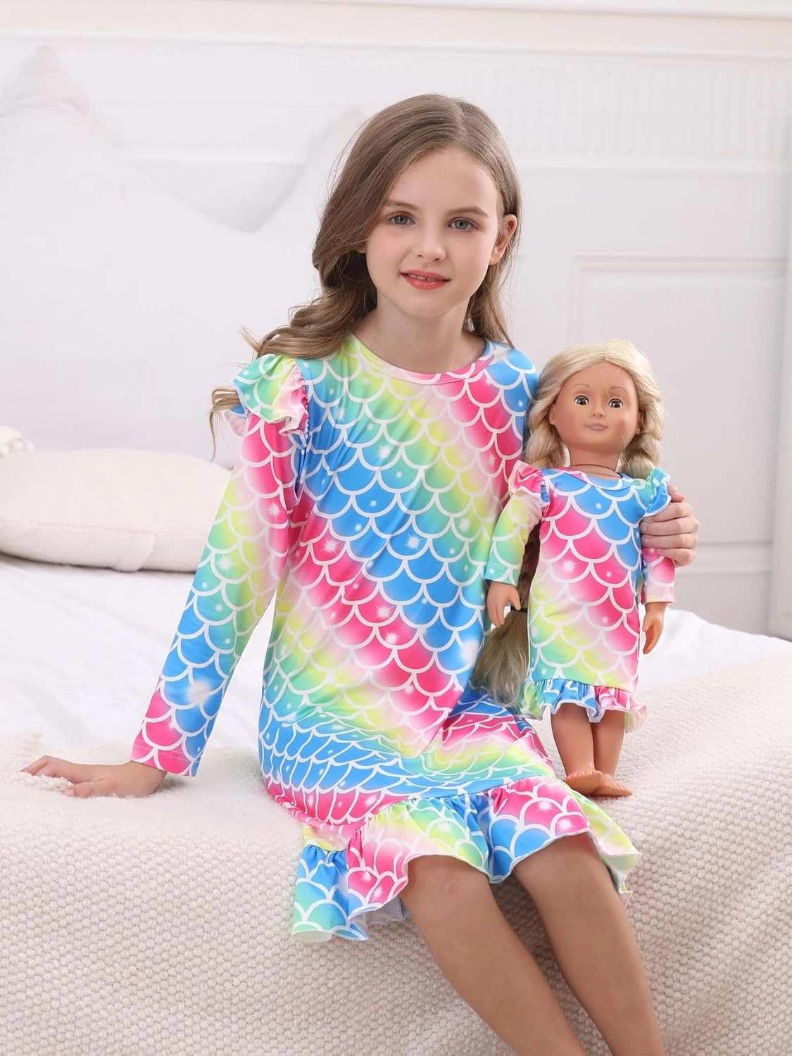 Bow Dream Toddler Girls Rainbow Strips Dress and Matching American Girl Doll Clothes for Girls Kids Clothes