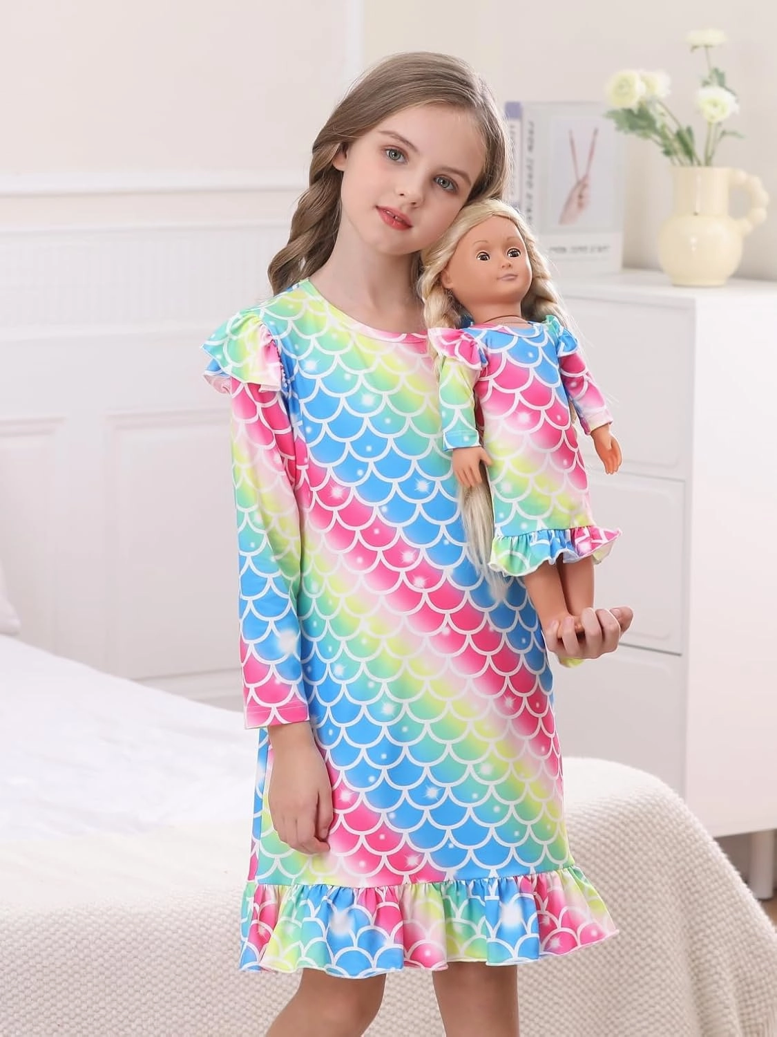 Bow Dream Toddler Girls Rainbow Strips Dress and Matching American Girl Doll Clothes for Girls Kids Clothes