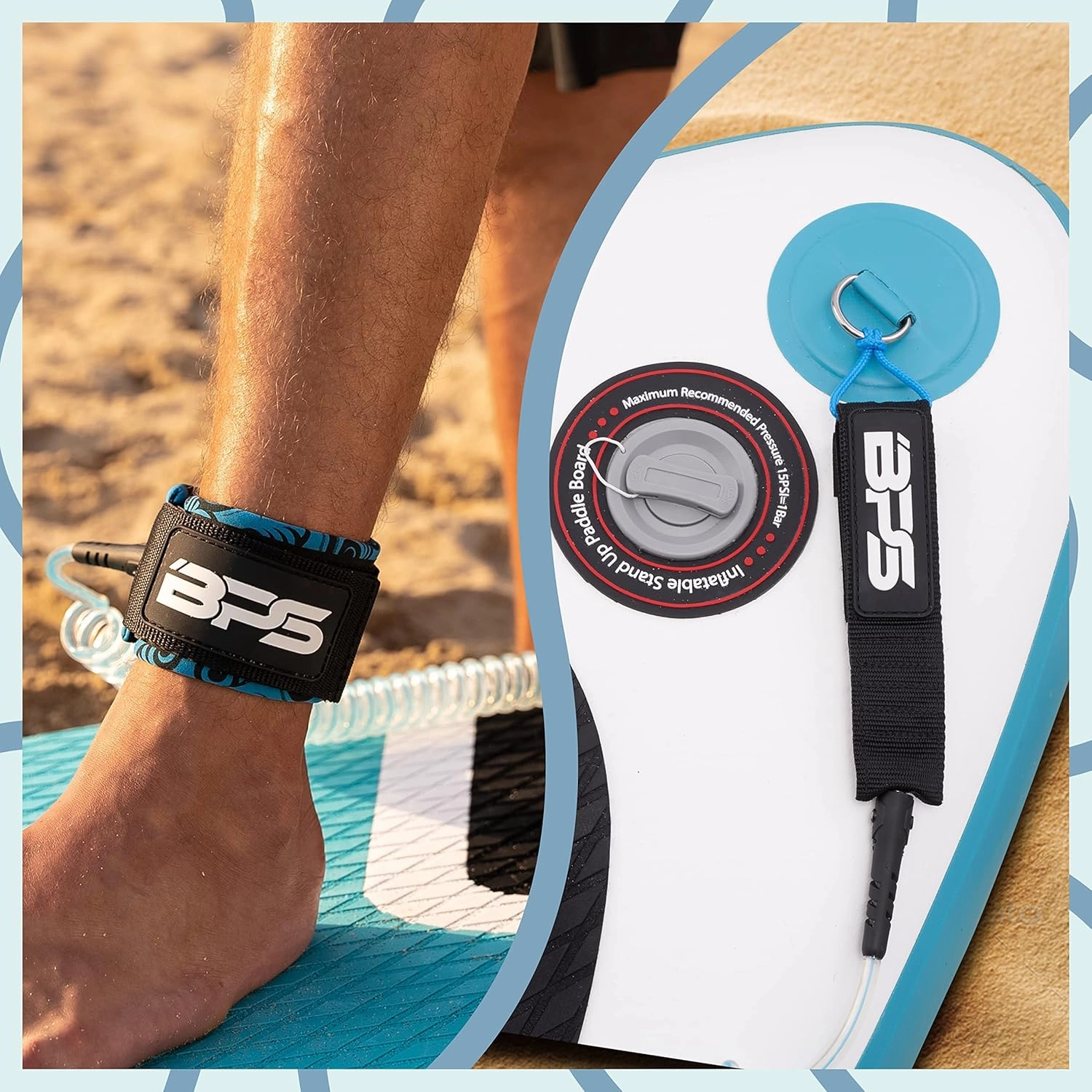 BPS ‘Storm’ Premium 7.2mm Coil SUP Leash Paddleboard Ankle Leash Quick Release Tab, with Waterproof Waist Bag Longboard Surfboard Stand-up Paddleboard Accessories