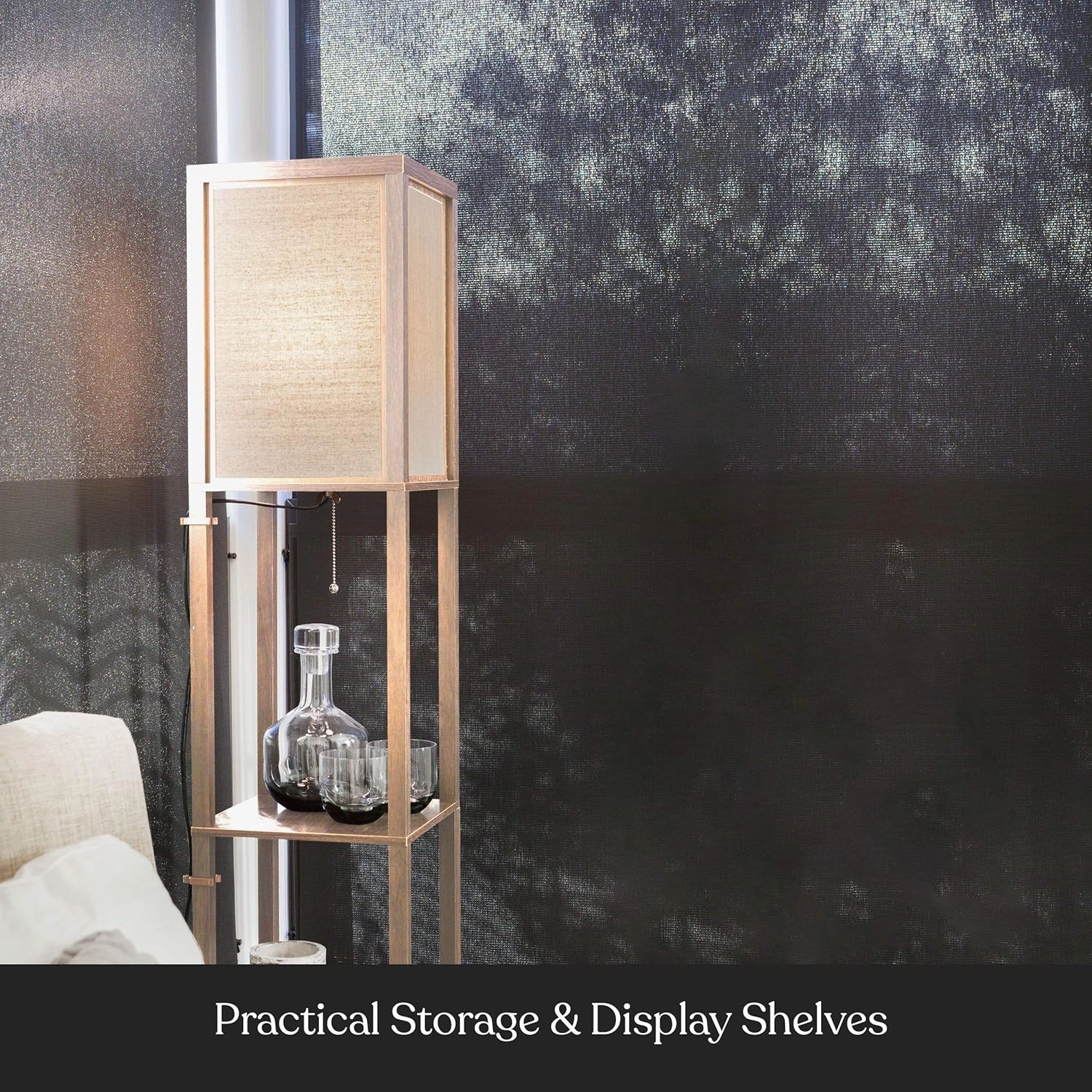 Brightech Maxwell - Modern Shelf Floor Lamp with Lamp Shade and LED Bulb - Corner Display Floor Lamps with Shelves for Living Room, Bedroom and Office - Natural Wood