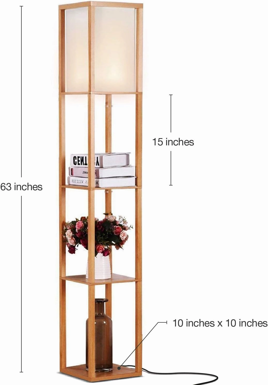 Brightech Maxwell - Modern Shelf Floor Lamp with Lamp Shade and LED Bulb - Corner Display Floor Lamps with Shelves for Living Room, Bedroom and Office - Natural Wood