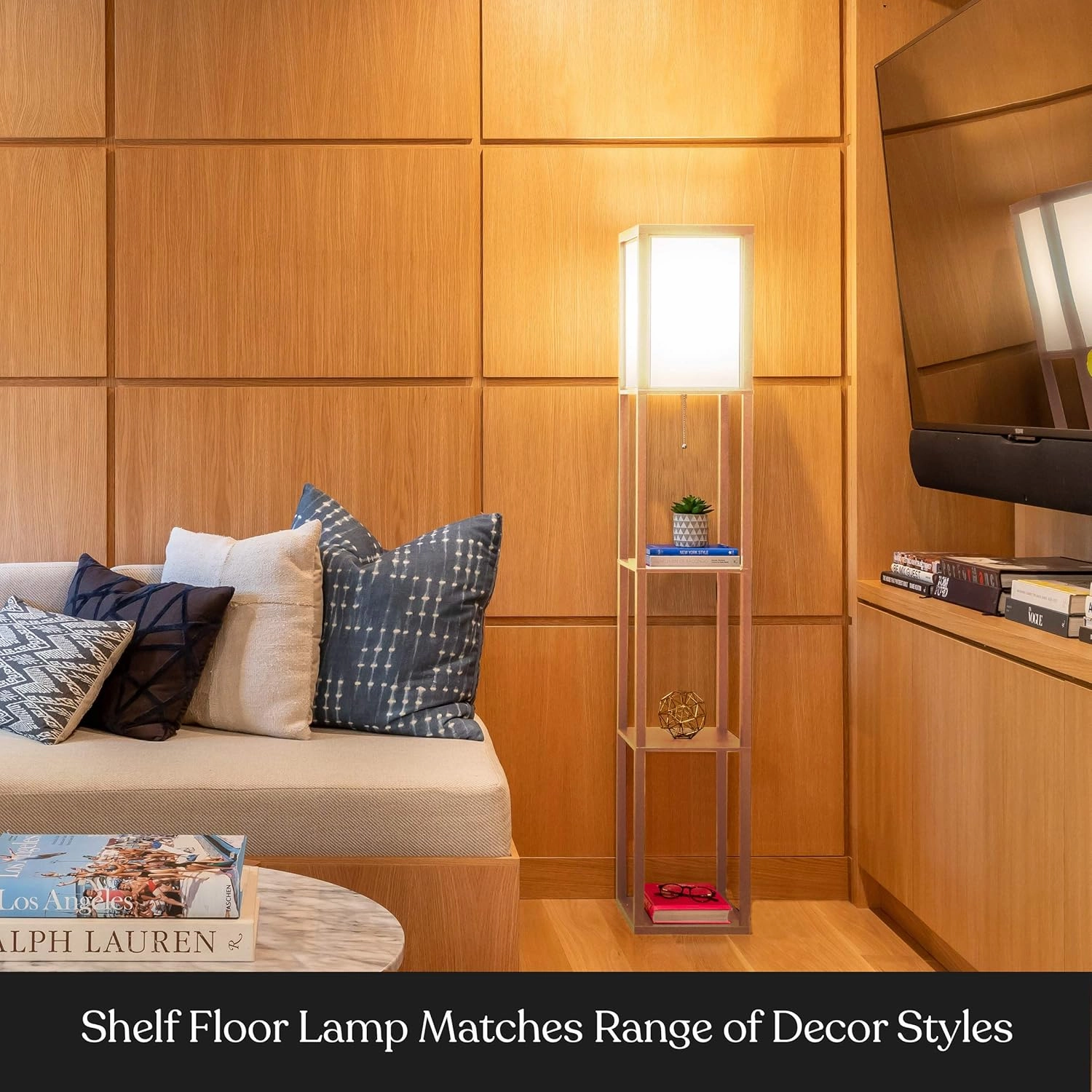 Brightech Maxwell - Modern Shelf Floor Lamp with Lamp Shade and LED Bulb - Corner Display Floor Lamps with Shelves for Living Room, Bedroom and Office - Natural Wood