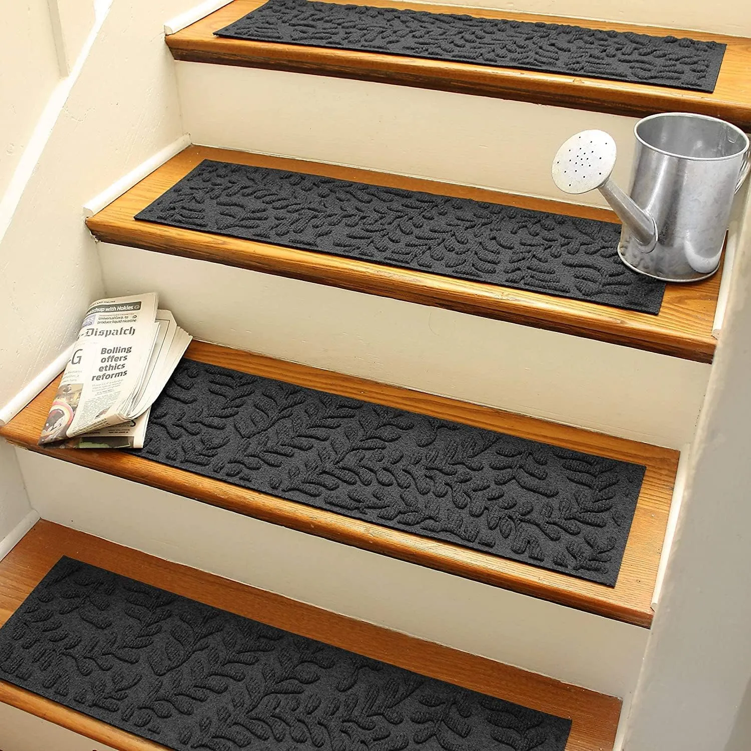 Bungalow Flooring Waterhog Stair Treads, Set of 4, 8-1/2 x 30 inches, Made in USA, Durable and Decorative Floor Covering, Indoor/Outdoor, Water-Trapping, Boxwood Collection, Charcoal