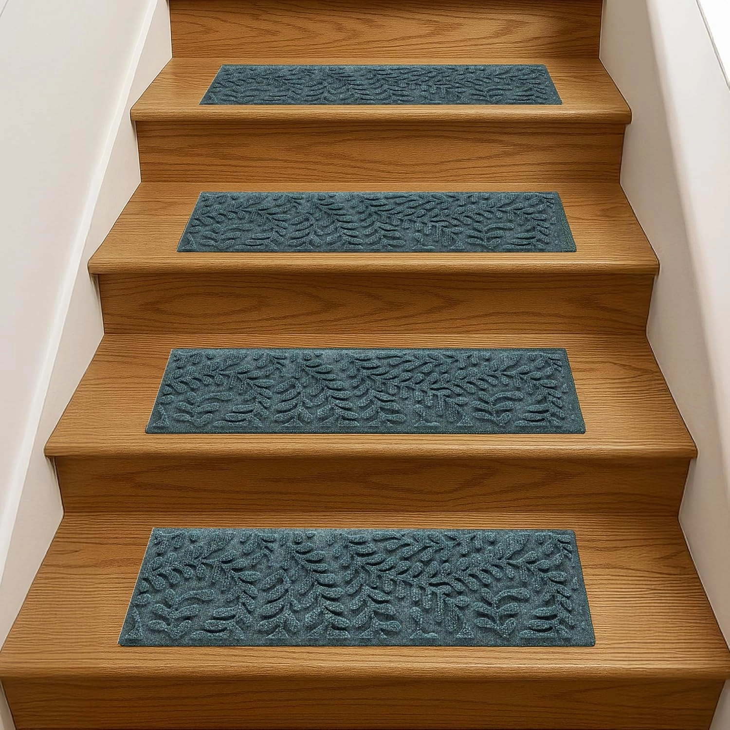 Bungalow Flooring Waterhog Stair Treads, Set of 4, 8-1/2 x 30 inches, Made in USA, Durable and Decorative Floor Covering, Indoor/Outdoor, Water-Trapping, Boxwood Collection, Bluestone