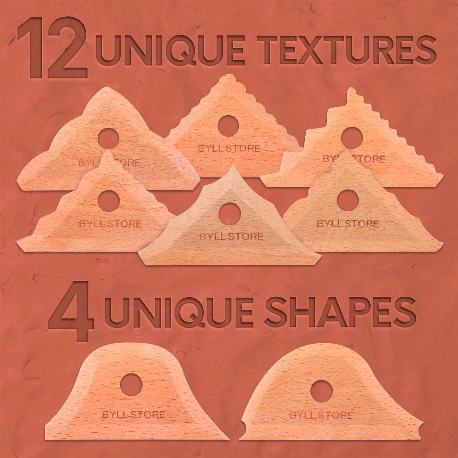 Byllstore Triangle Pottery Ribs & Trimming Tools | 2 Foot Shaper Tools | 6 Clay Texture Ribs | Solid Beech Wood | 8-Pack