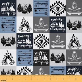 Camping RV Trailer Fabric by The Yard Cartoon Trees Mountain Cute Pine Cones Fabric for Sewing Lovers Jungle Adventure Lake Farmhouse Fabric for Room Decor and DIY Upholstery 5 Yards,180" L x 59" W