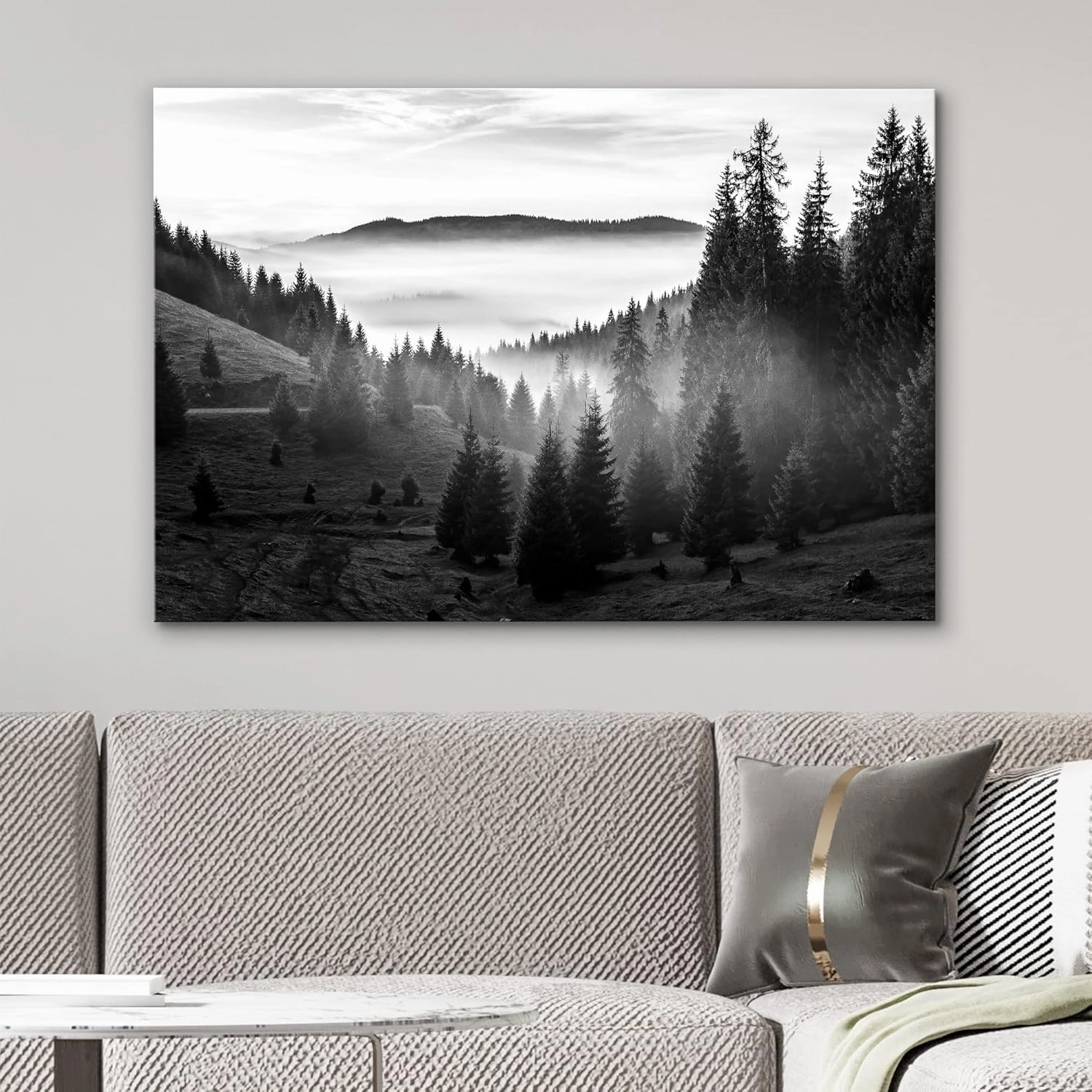 Canvas Print Wall Art Woodland Nursery Decor Misty Mountain Forest with Pine Trees Nature Wilderness Photography Realism Rustic Scenic Black and White for Living Room, Bedroom, Office - 12"x18"