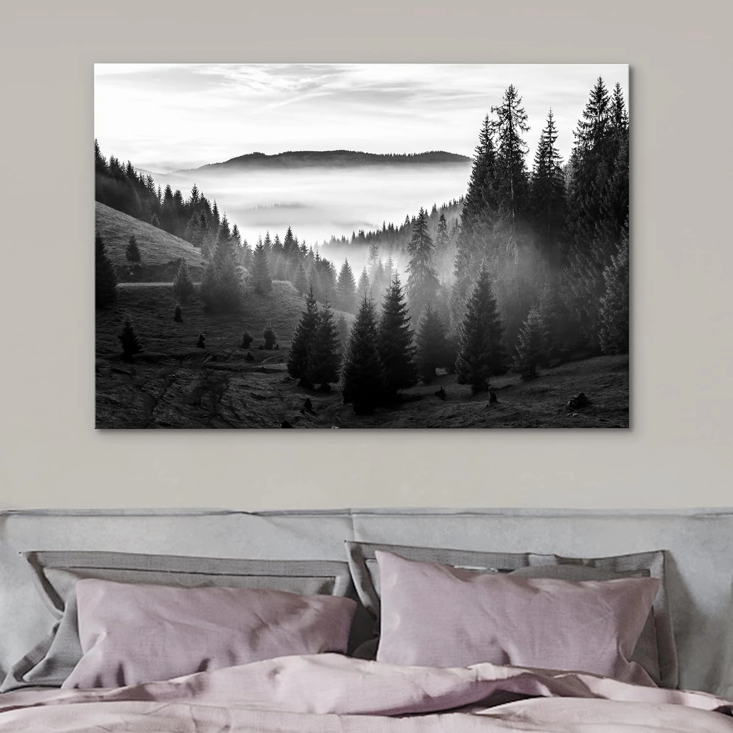 Canvas Print Wall Art Woodland Nursery Decor Misty Mountain Forest with Pine Trees Nature Wilderness Photography Realism Rustic Scenic Black and White for Living Room, Bedroom, Office - 12"x18"