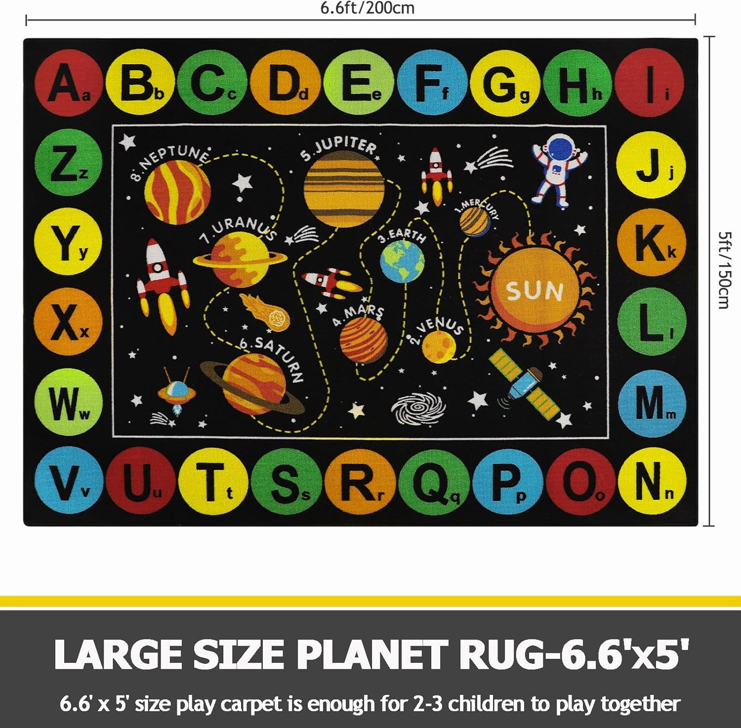 Capslpad Black Outer Space Kids Play Rug ABC Alphabet Kids Play Mat for Toddlers Non Slip Solar System Star Planets Nursery Rug for Girl Boy Kid Carpet for Bedroom Playroom Nursery Decor,5'x6.6'
