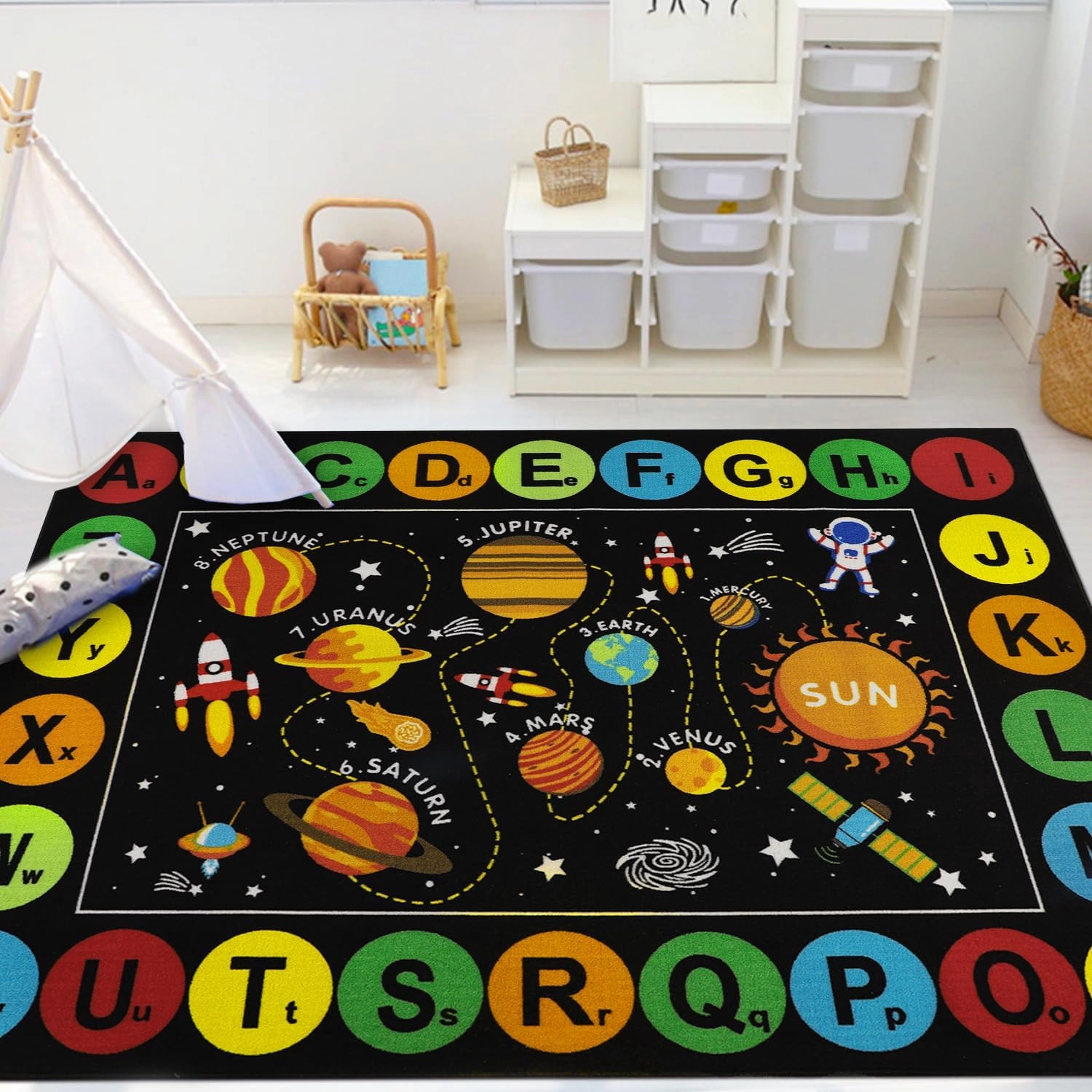 Capslpad Black Outer Space Kids Play Rug ABC Alphabet Kids Play Mat for Toddlers Non Slip Solar System Star Planets Nursery Rug for Girl Boy Kid Carpet for Bedroom Playroom Nursery Decor,5'x6.6'