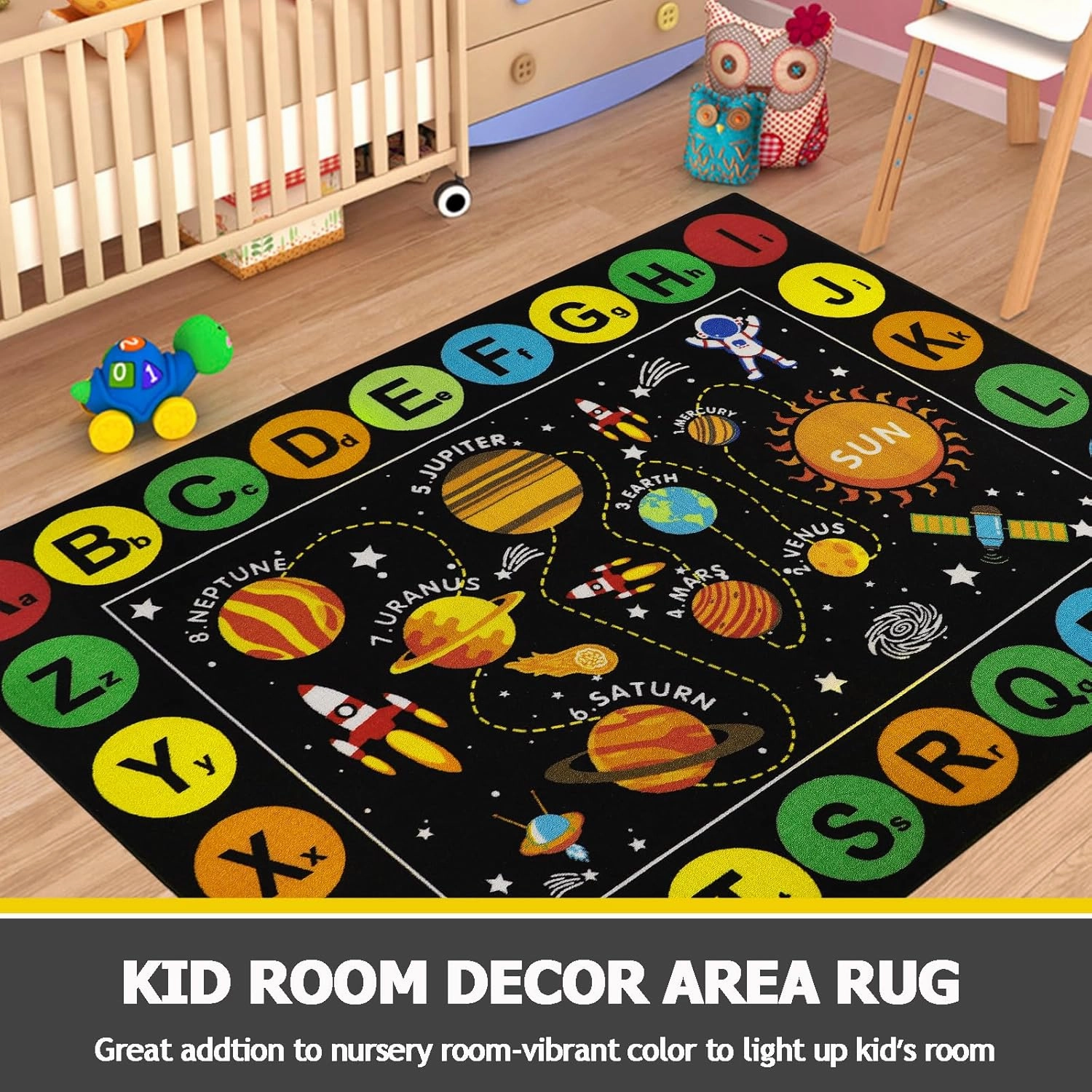 Capslpad Black Outer Space Kids Play Rug ABC Alphabet Kids Play Mat for Toddlers Non Slip Solar System Star Planets Nursery Rug for Girl Boy Kid Carpet for Bedroom Playroom Nursery Decor,5'x6.6'