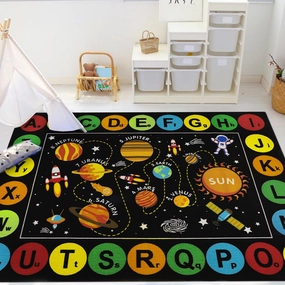 Capslpad Black Outer Space Kids Play Rug ABC Alphabet Kids Play Mat for Toddlers Non Slip Solar System Star Planets Nursery Rug for Girl Boy Kid Carpet for Bedroom Playroom Nursery Decor,5'x6.6'