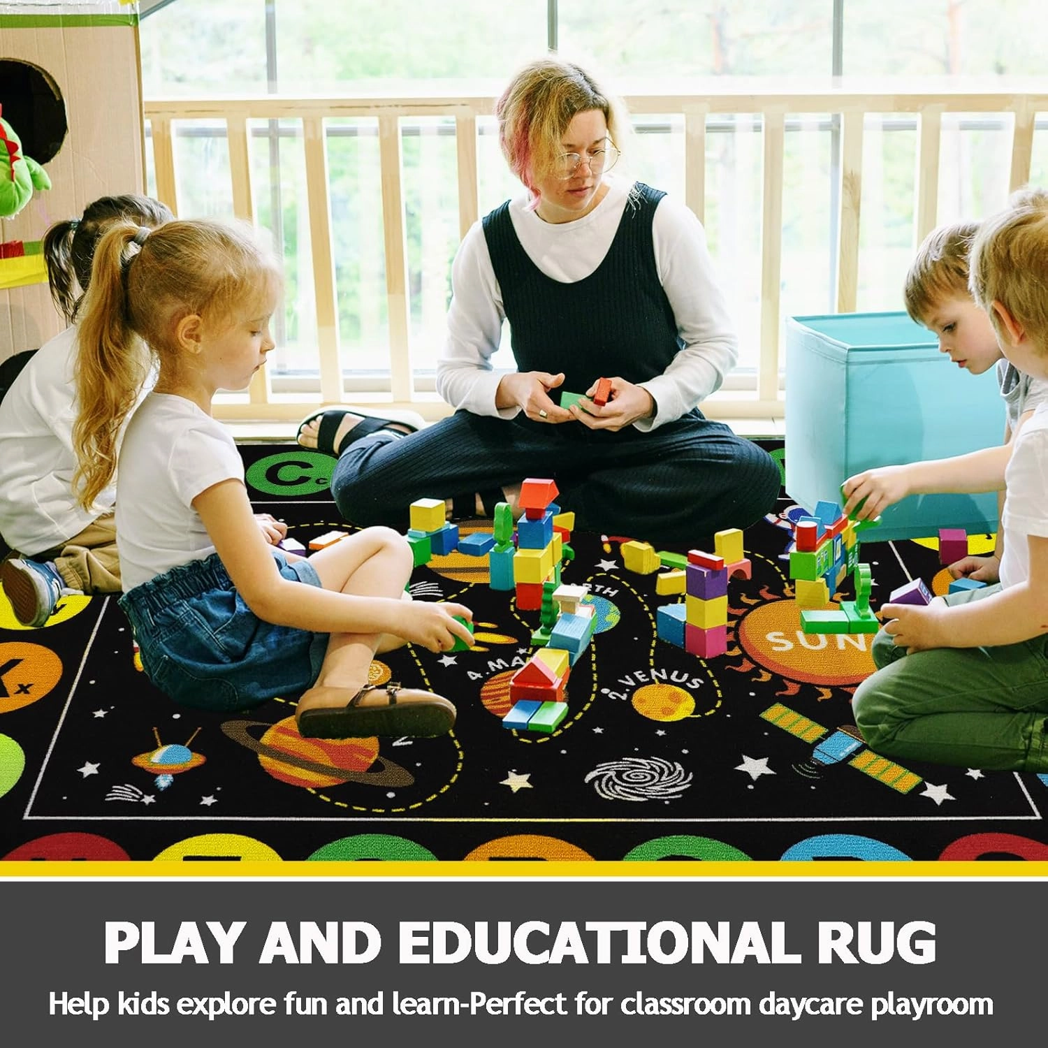 Capslpad Black Outer Space Kids Play Rug ABC Alphabet Kids Play Mat for Toddlers Non Slip Solar System Star Planets Nursery Rug for Girl Boy Kid Carpet for Bedroom Playroom Nursery Decor,5'x6.6'