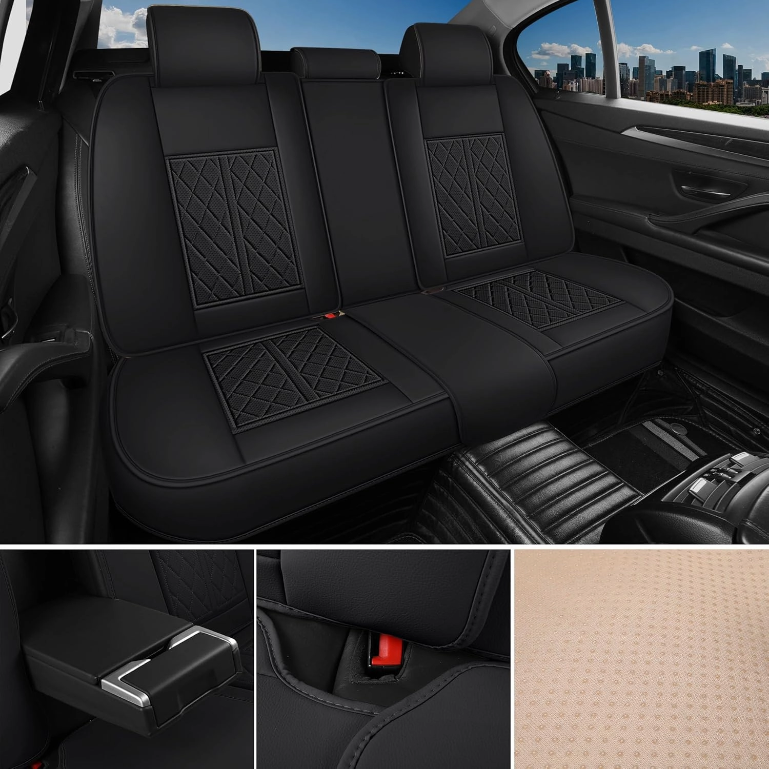Car Seat Covers Full Set Universal Fit for Cars, SUV, Sedans, Anti-Slip Breathable Faux Leather Automotive Seat Covers (Black, Full Set)