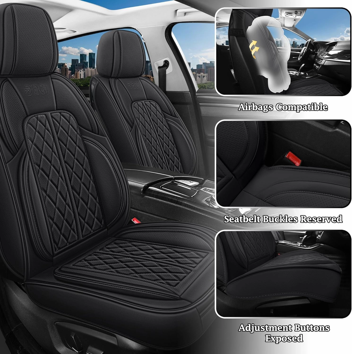 Car Seat Covers Full Set Universal Fit for Cars, SUV, Sedans, Anti-Slip Breathable Faux Leather Automotive Seat Covers (Black, Full Set)