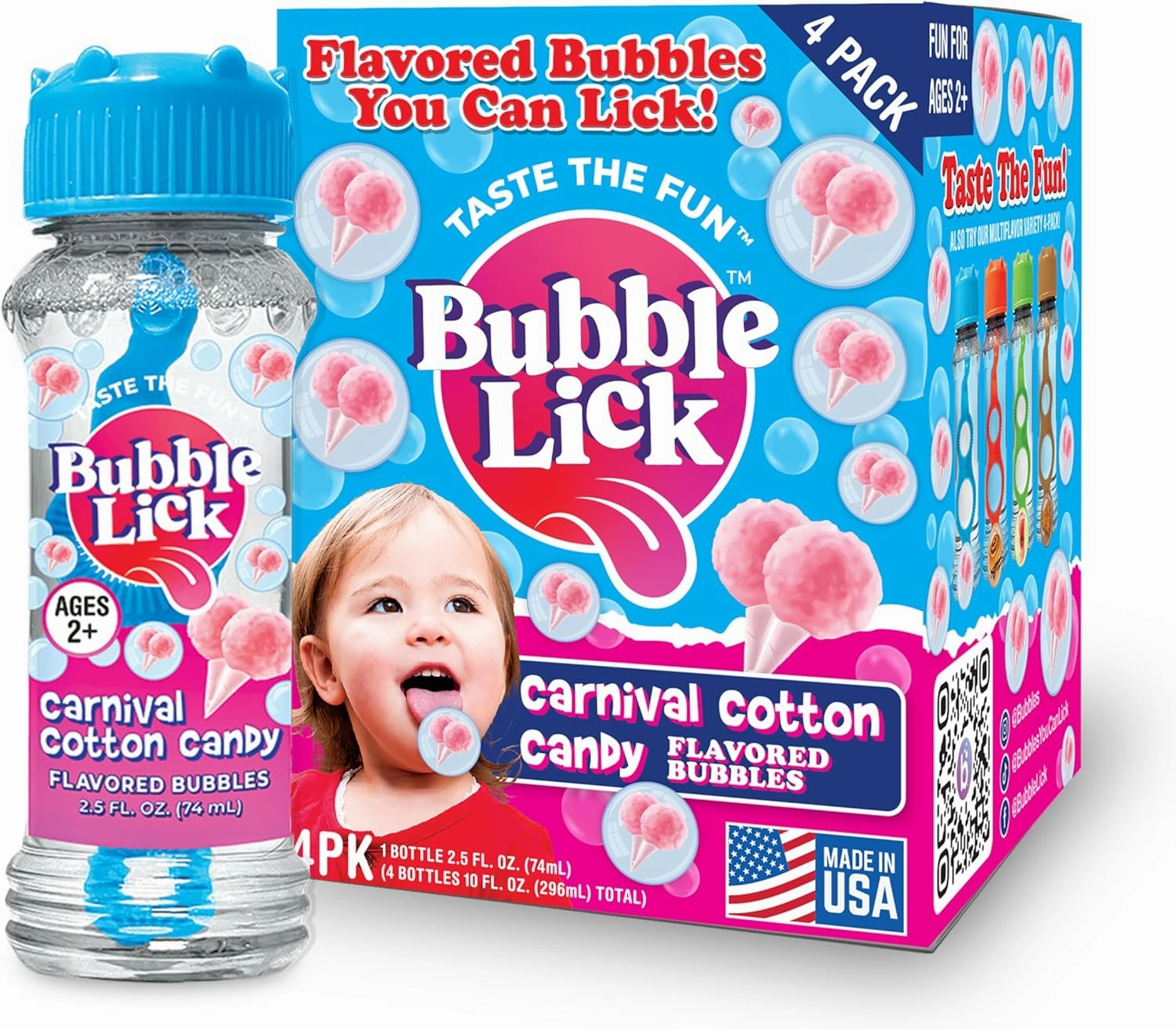Carnival Cotton Candy (2.5 Fl Oz, 4-Pack), Lickable Bubbles for Kids and Pets - Natural Flavor, Great for Toys & Refillable Bubble Solution