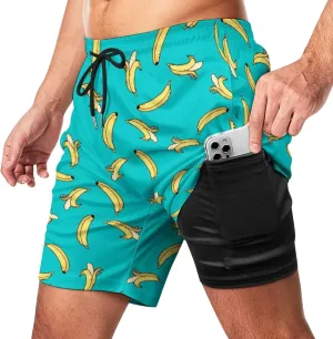 Cerburny Mens Swim Trunks with Compression Liner Men Beach Shorts Bathing Suit Quick Dry Printed Swimming Short with Pockets