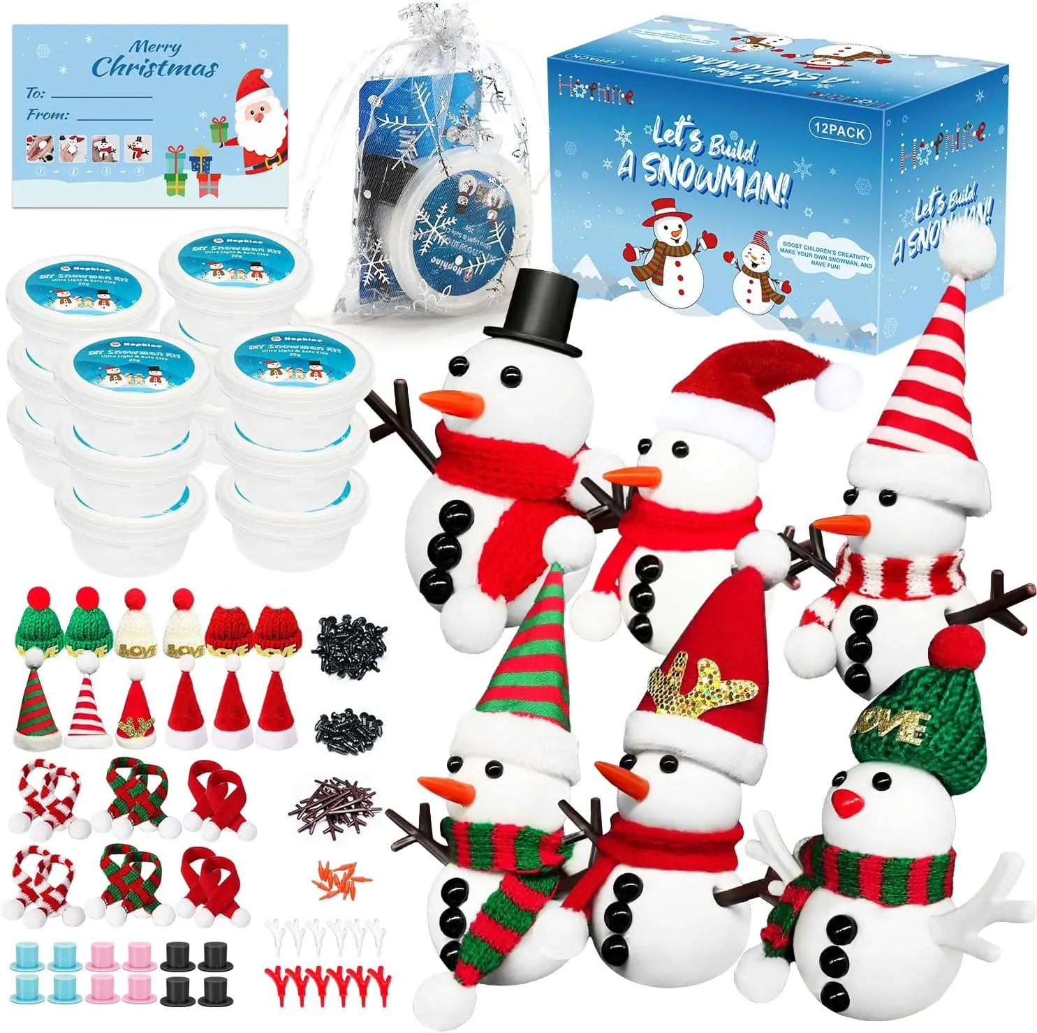 Christmas Crafts Snowman Kit with Cards, 12-Pack DIY Snowman Craft Kit for Kids, Creative Modeling Clay Build a Snowman Making Kit for Classroom Xmas Activities, Stocking Stuffers, Kids Toys Favors